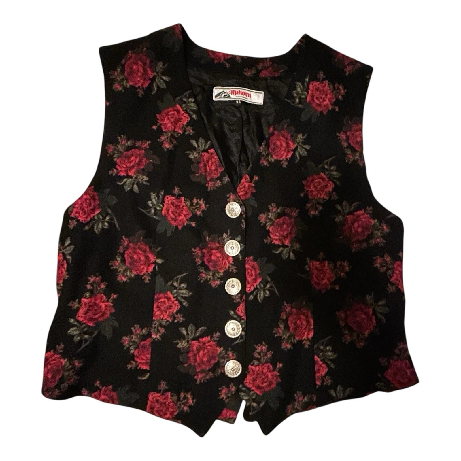 Vintage Alphorn Trachten Wool Vest Black Floral Red Roses Women’s EU Size 44