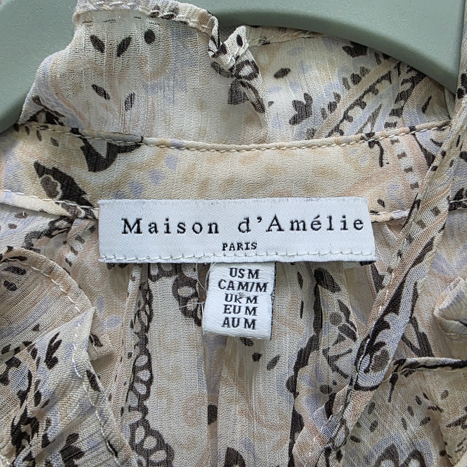 Maison d’Amelie Paris Blouse Top Ruffled Nude Paisley Floral Tie V Neck Size M