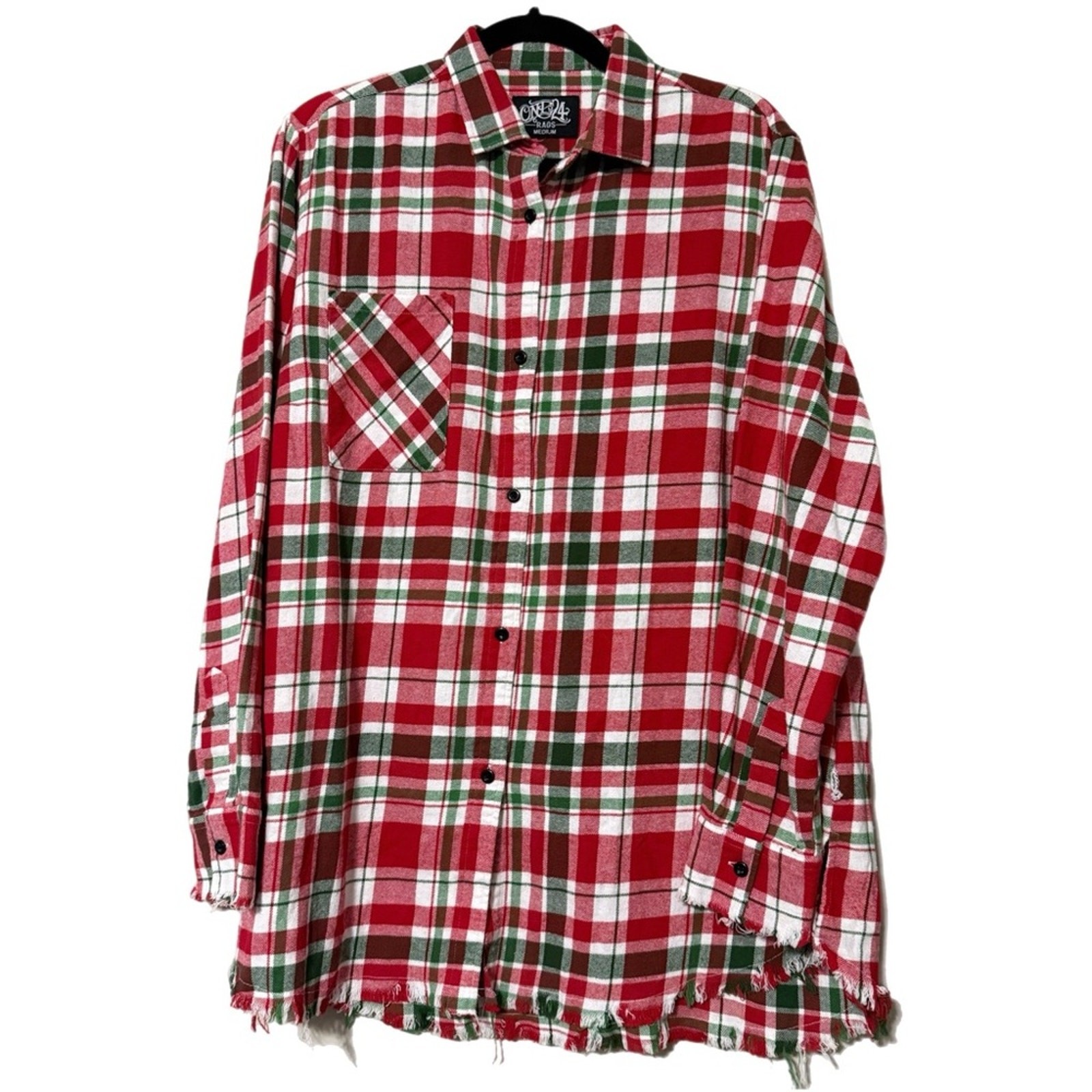 One 24 Rags women’s medium plaid long sleeve button down frayed edge shirt