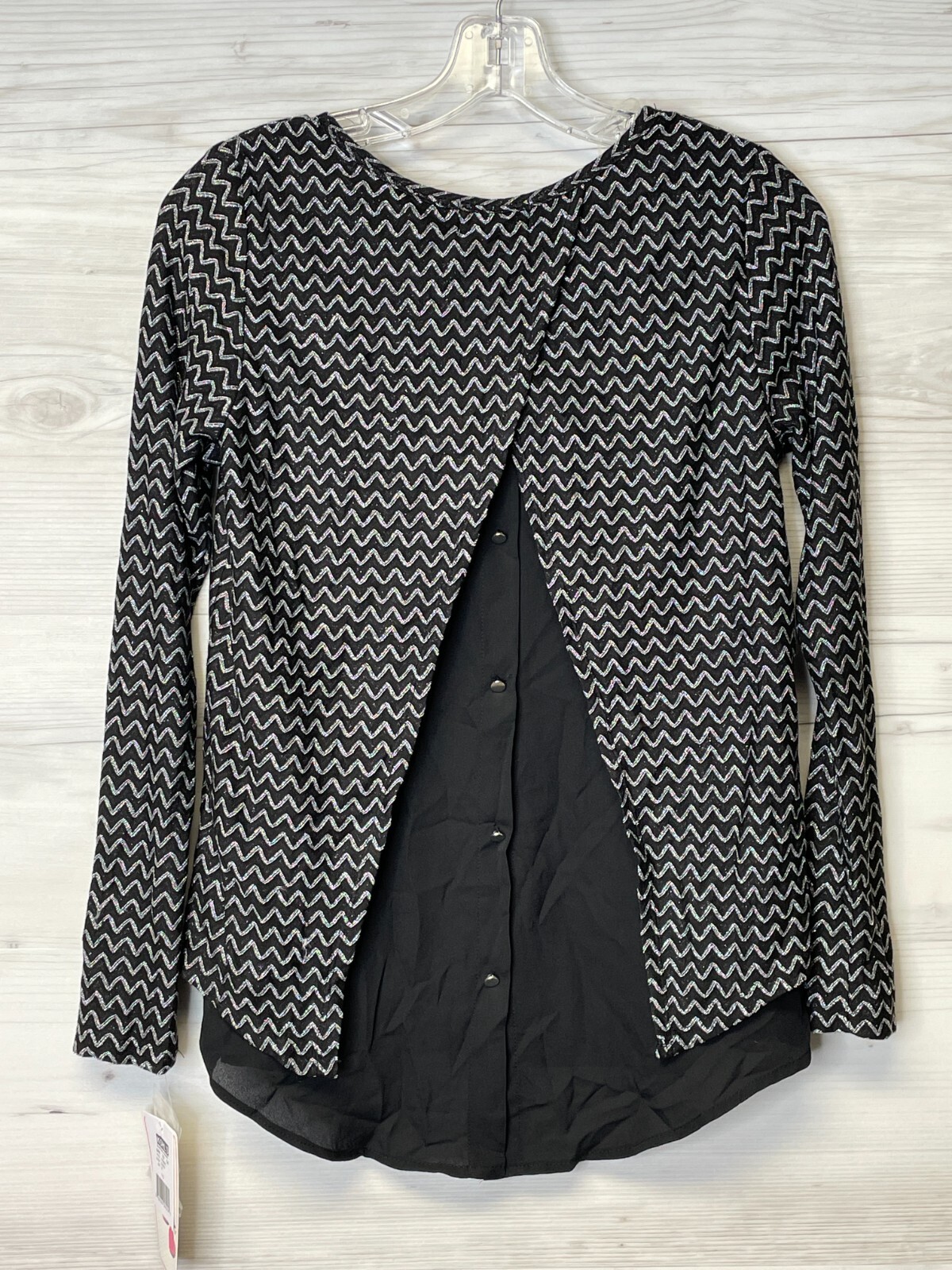 Three Pink Hearts Top XS Womens Black Silver Long Sleeve Lined Blouse