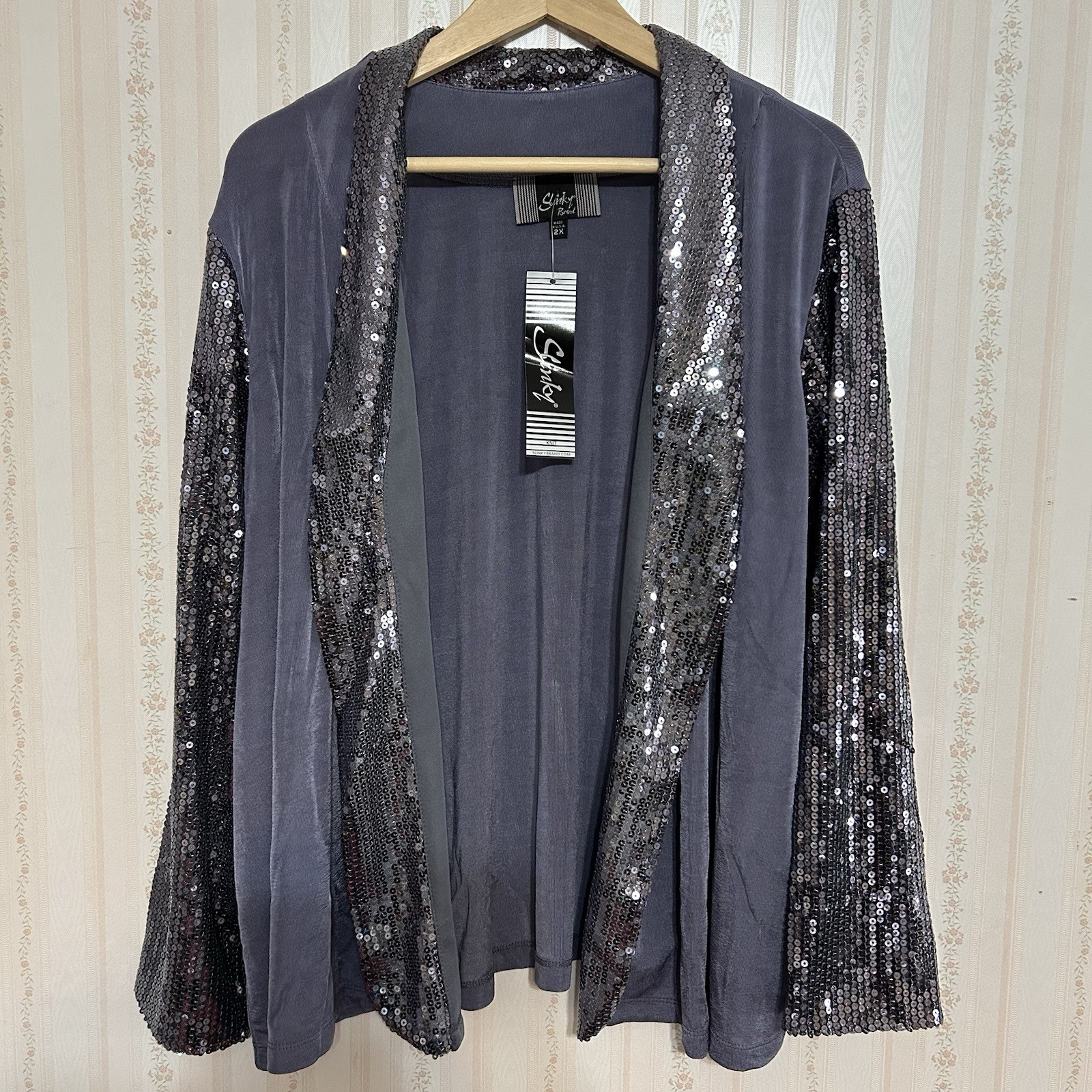 NWT Slinky Brand Women’s Gray Sequin Cardigan Top Size 2XL Long Sleeve HSN