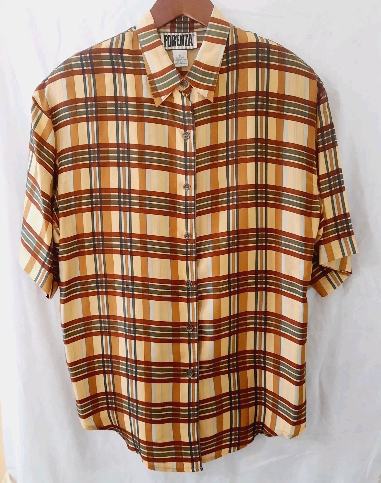 Vintage Forenza Silk Womens Small Plaid Pattern Button-Up Shortsleeeve
