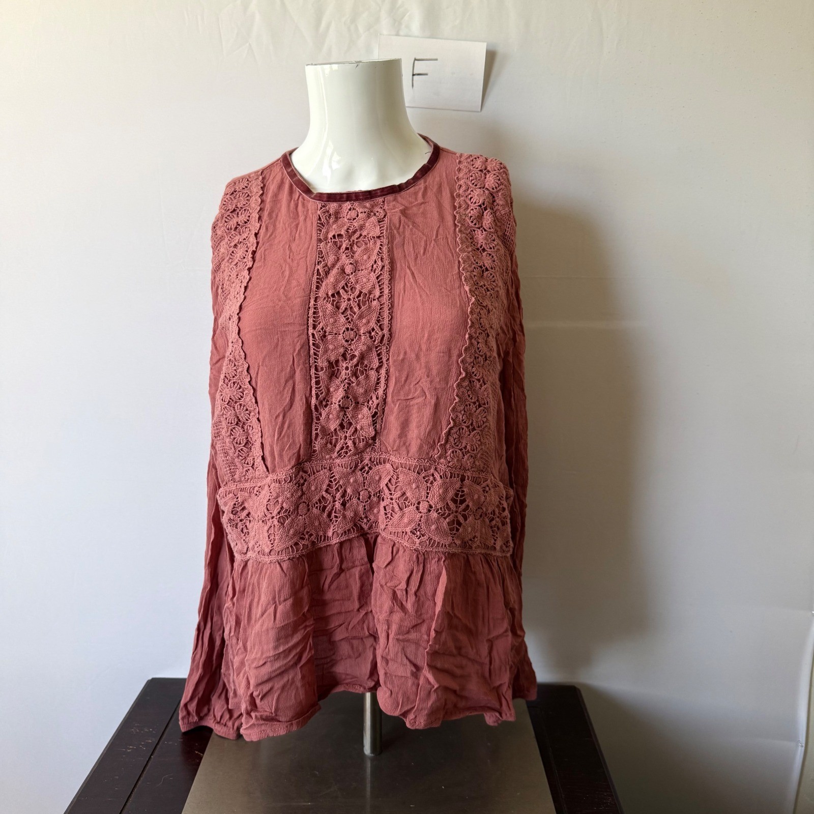 Knox Rose Blouse Boho Lace Embroidered Peplum Dusty Rose XXL