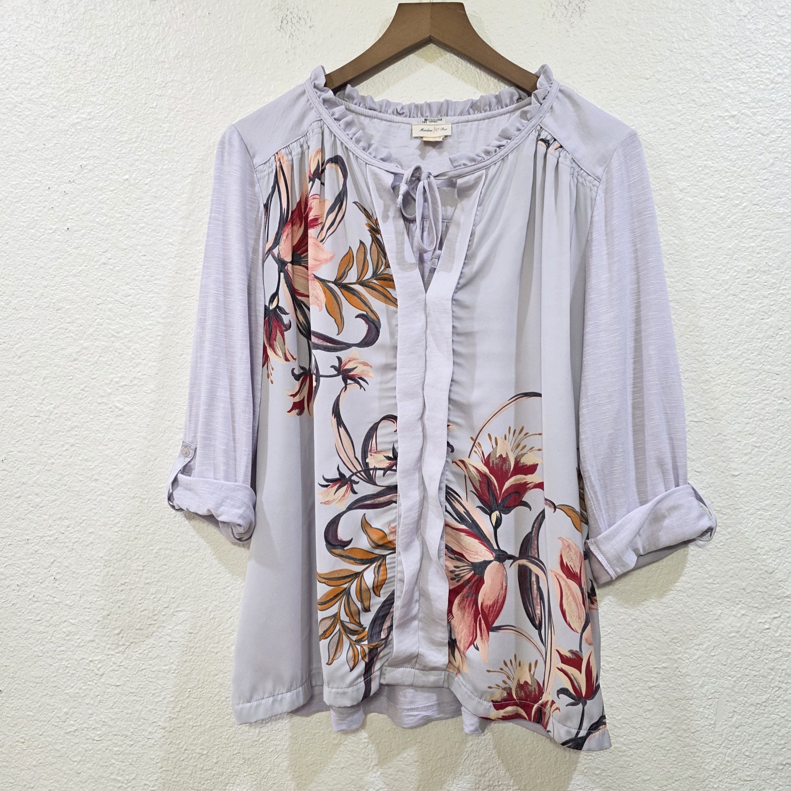 Anthropologie Meadow Rue Sz L Evella Lavender Tie Neck Blouse Mixed Media Floral