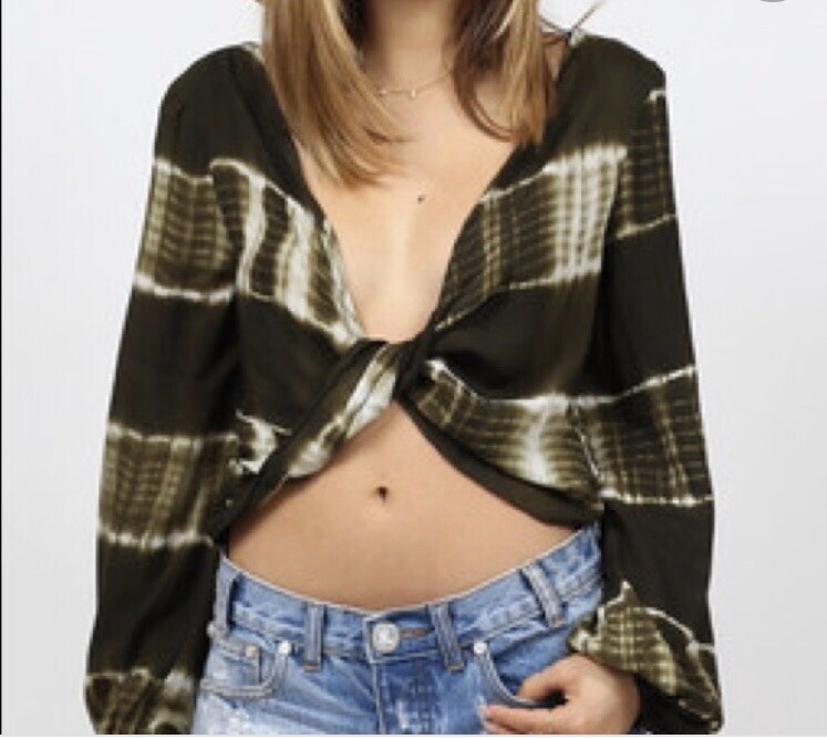 Line & Dot Crop Top Size M Twist Shibori Reversible Green Tie Dye Balloon Sleeve
