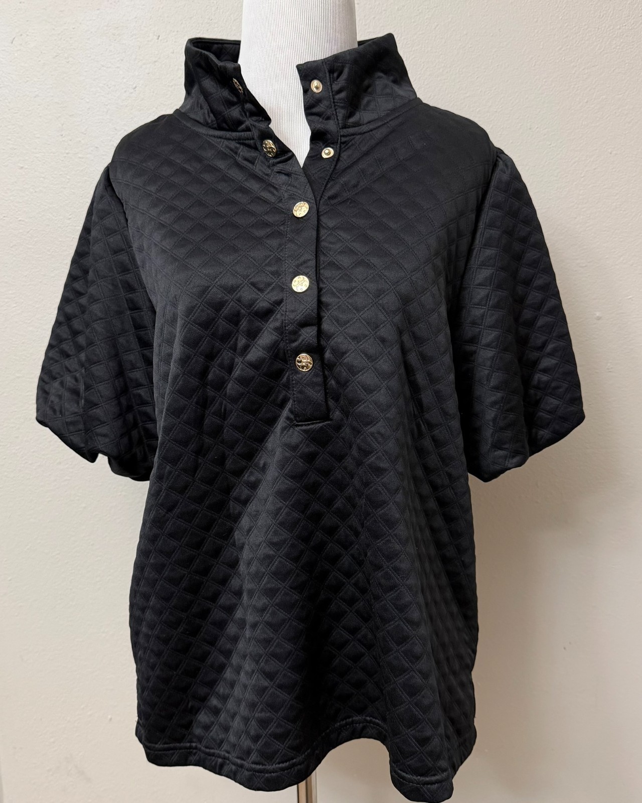 Mary Square Black Quilted Gold Snaps Puff Sleeve Blouse Large