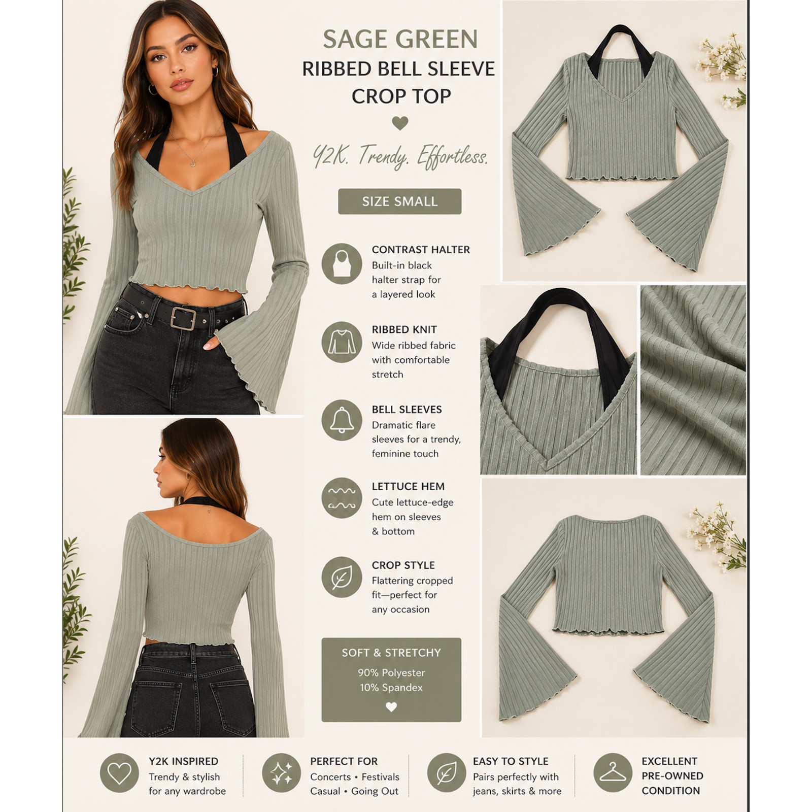 SHEIN Sage Green Ribbed Bell Sleeve Crop Top Contrast Halter V-Neck Size S