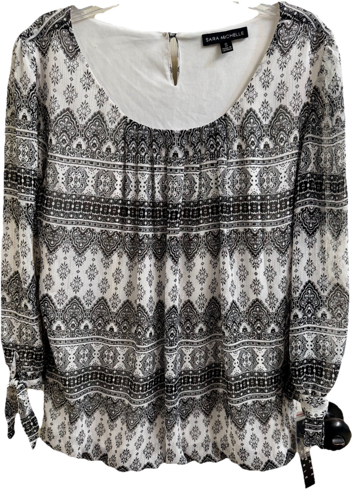 SARA MICHELLE Black & White Paisley Blouse BOHO 3/4 Tie Up Sleeves Lined (S) NWT