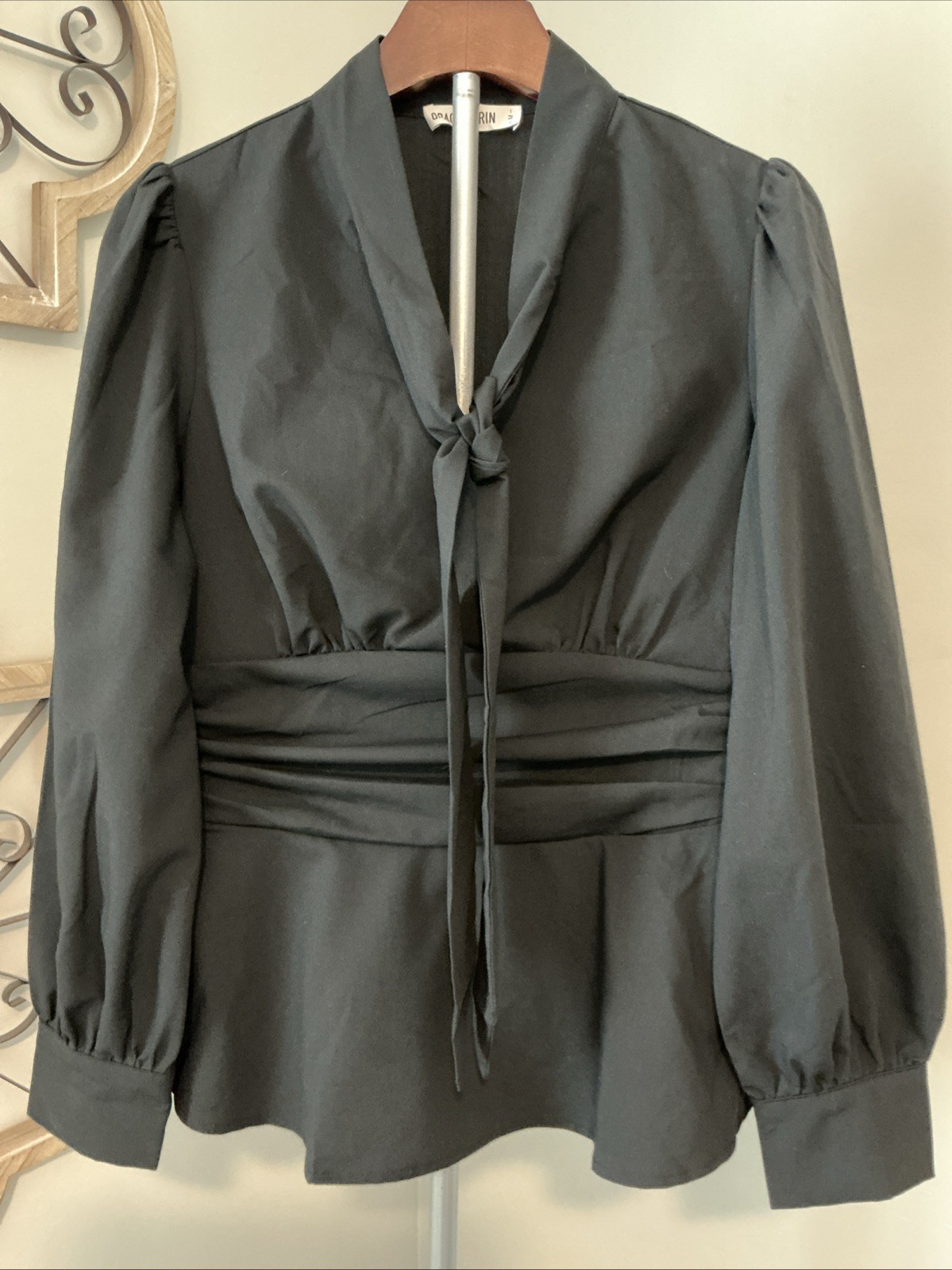 Grace Karin High Collar Tie Poplin Black Blouse Elegant Size M