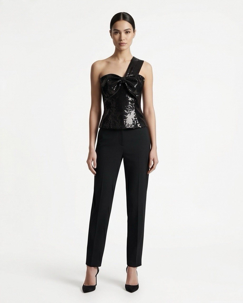 White House Black Market Sequin Corset Top Bow Strap Black NWOT Size 6