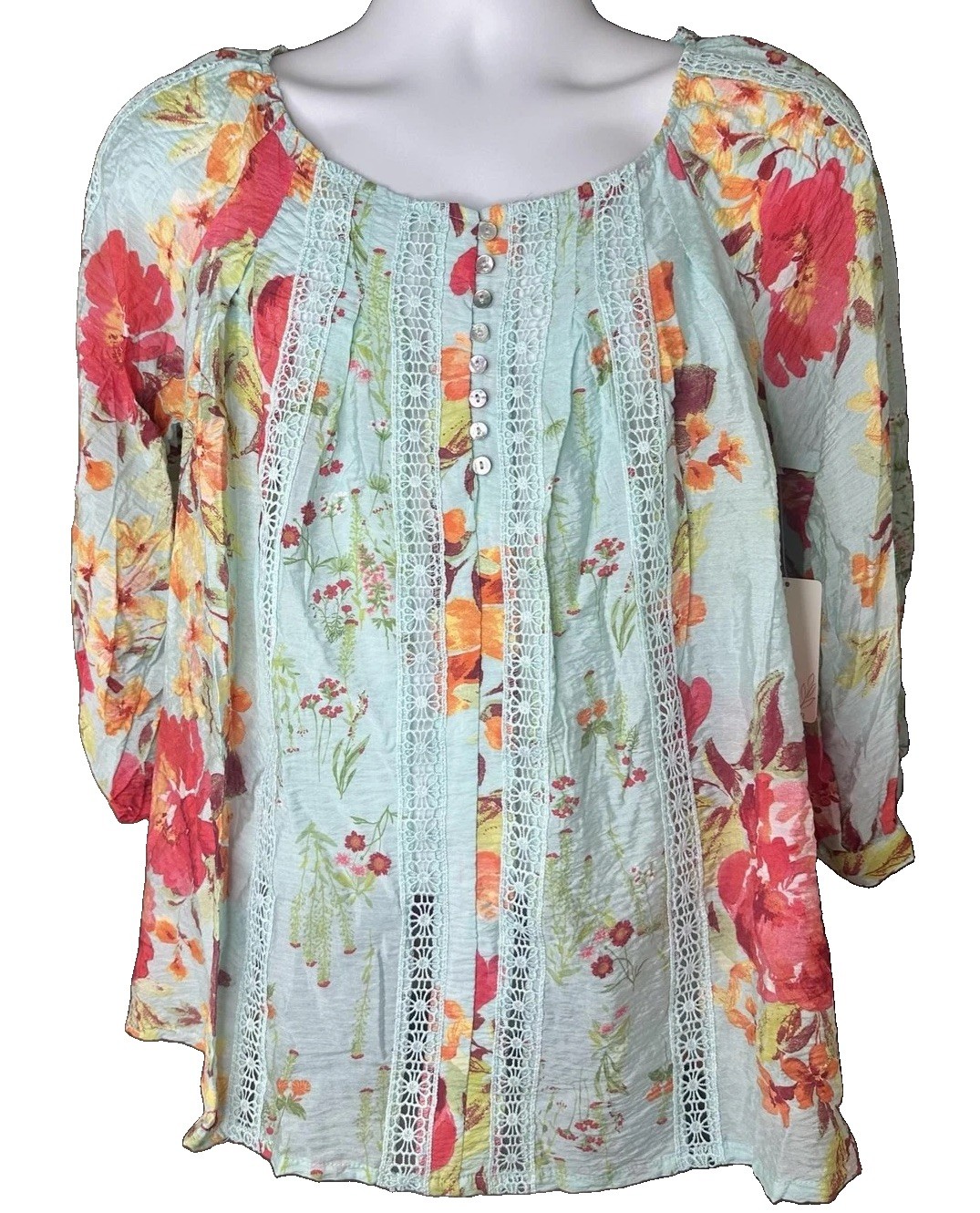 Fig + Flower Blouse Womens Plus 3X Multicolor Floral Crochet Boho Peasant Tunic