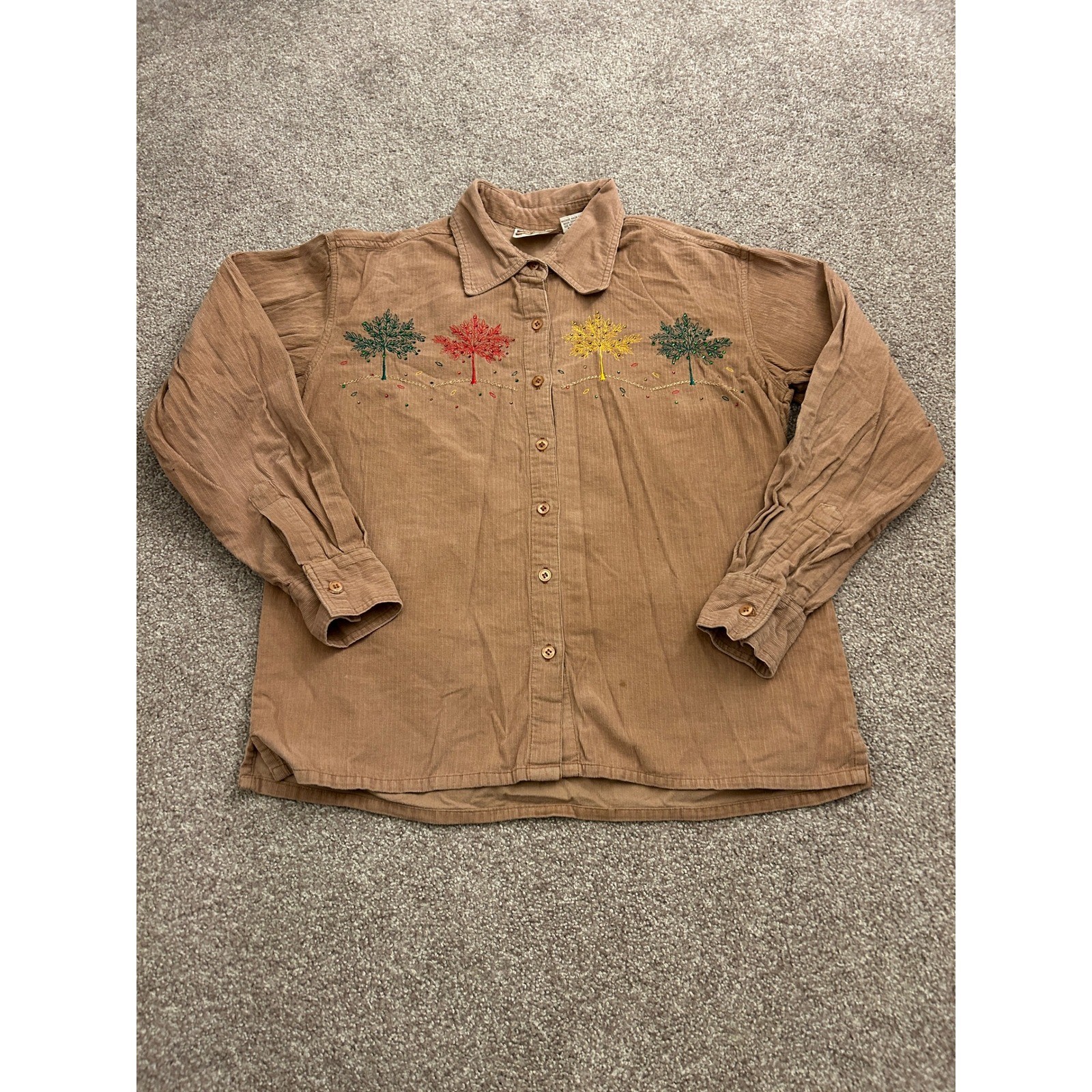 Decorated Originals Corduroy Shirt Women Small Tan Excellent Embroidered Trees