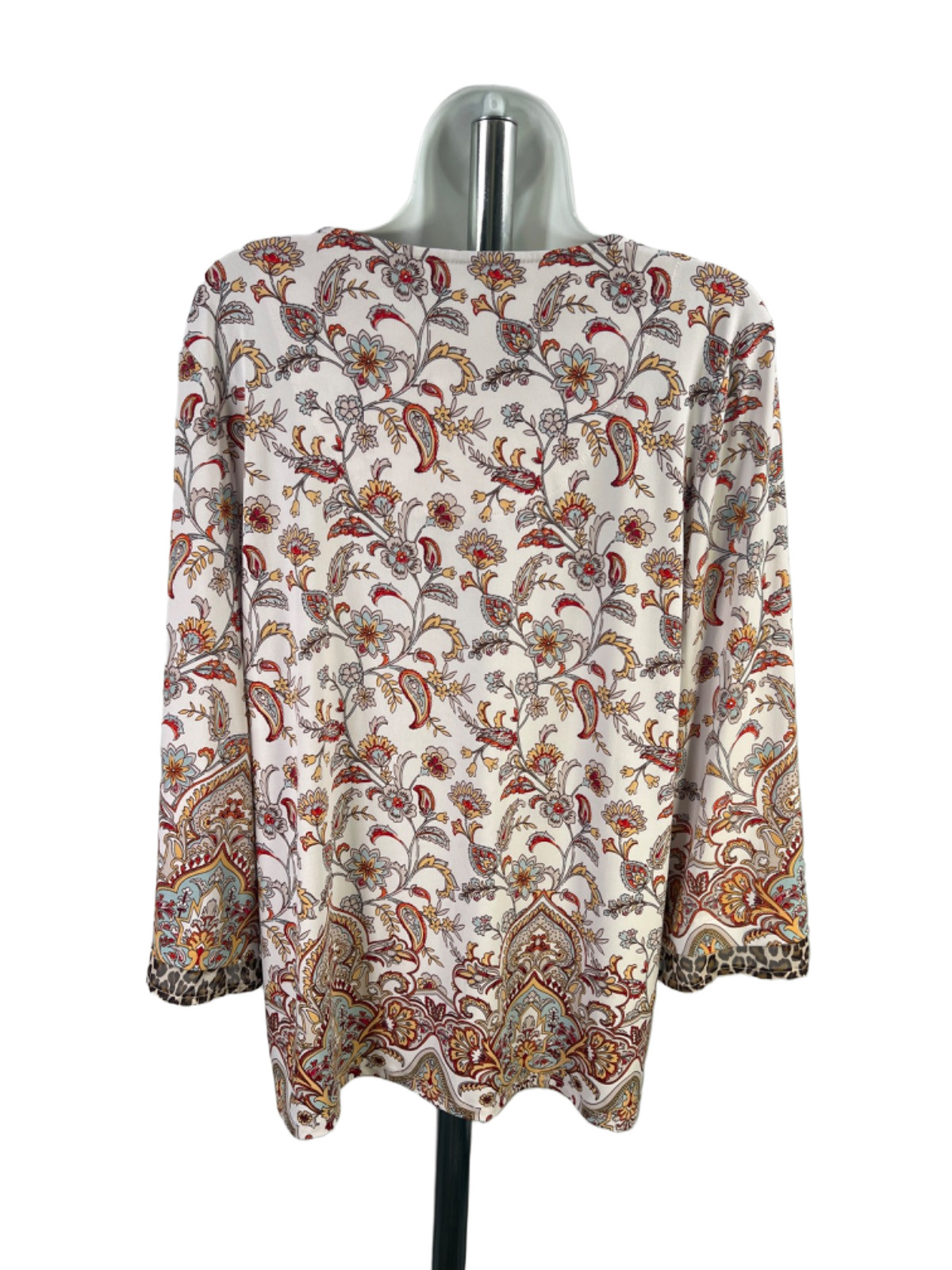 Chico’s Womens White/Brown Paisley/Animal Print3/4 Sleeve V-Neck Blouse – 1/US M