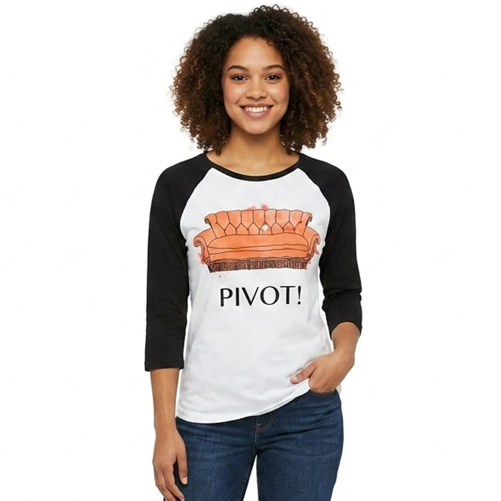 Women Junior’s Raglan Friends Pivot! Watercolor Graphic Tee T-Shirt
