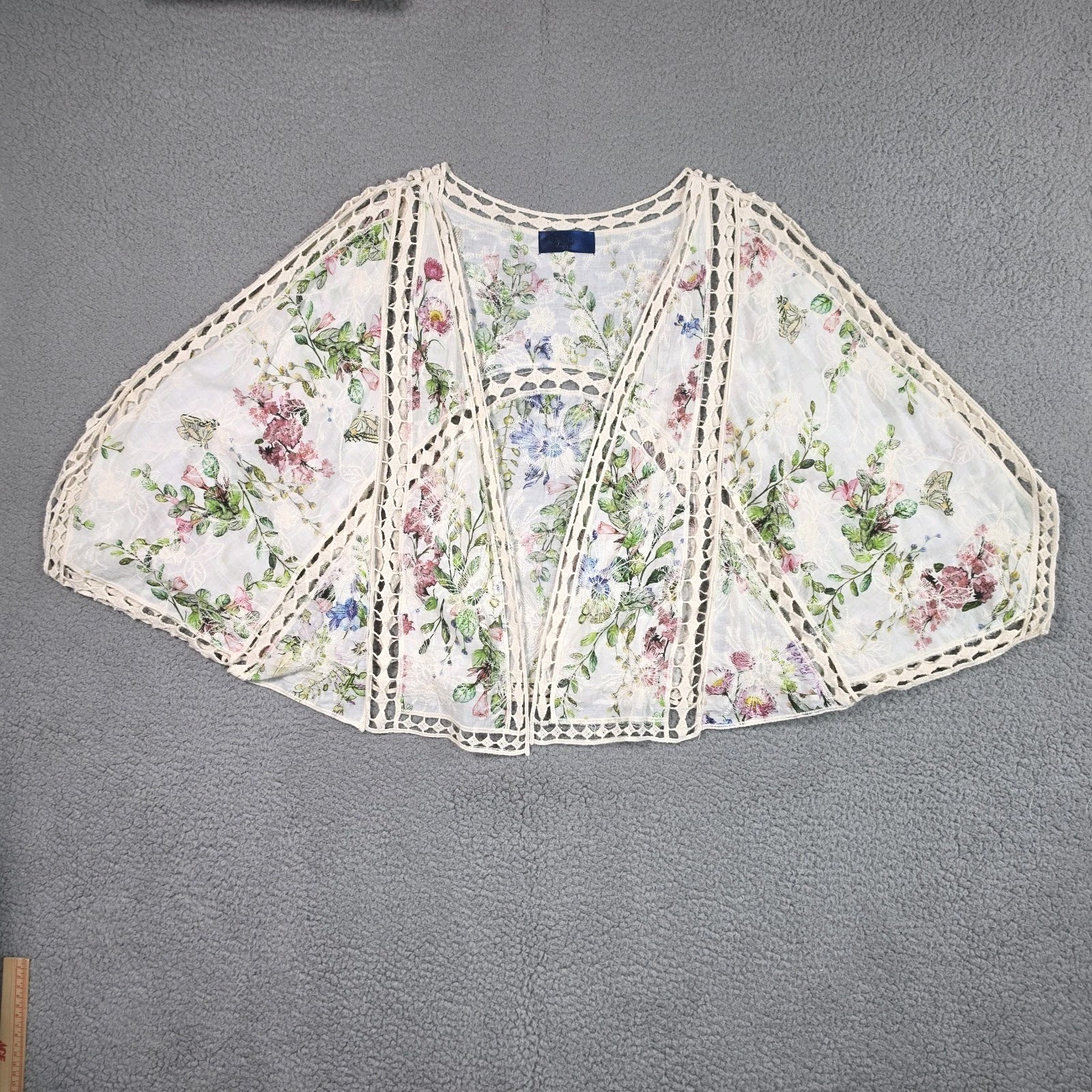 RACHEL ZOE Crochet Embroidered Floral Open Front Cardigan Top OS Boho Romantic