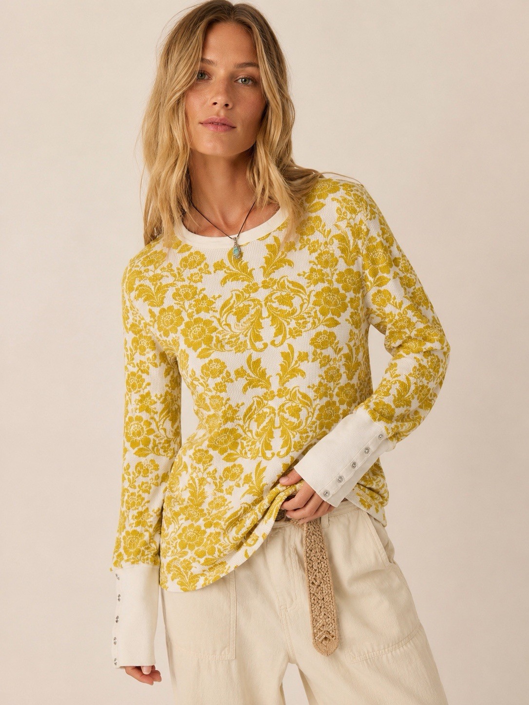 Sundance Floral Waffle Knit Thermal Top Women’s M Snap Cuff Boho