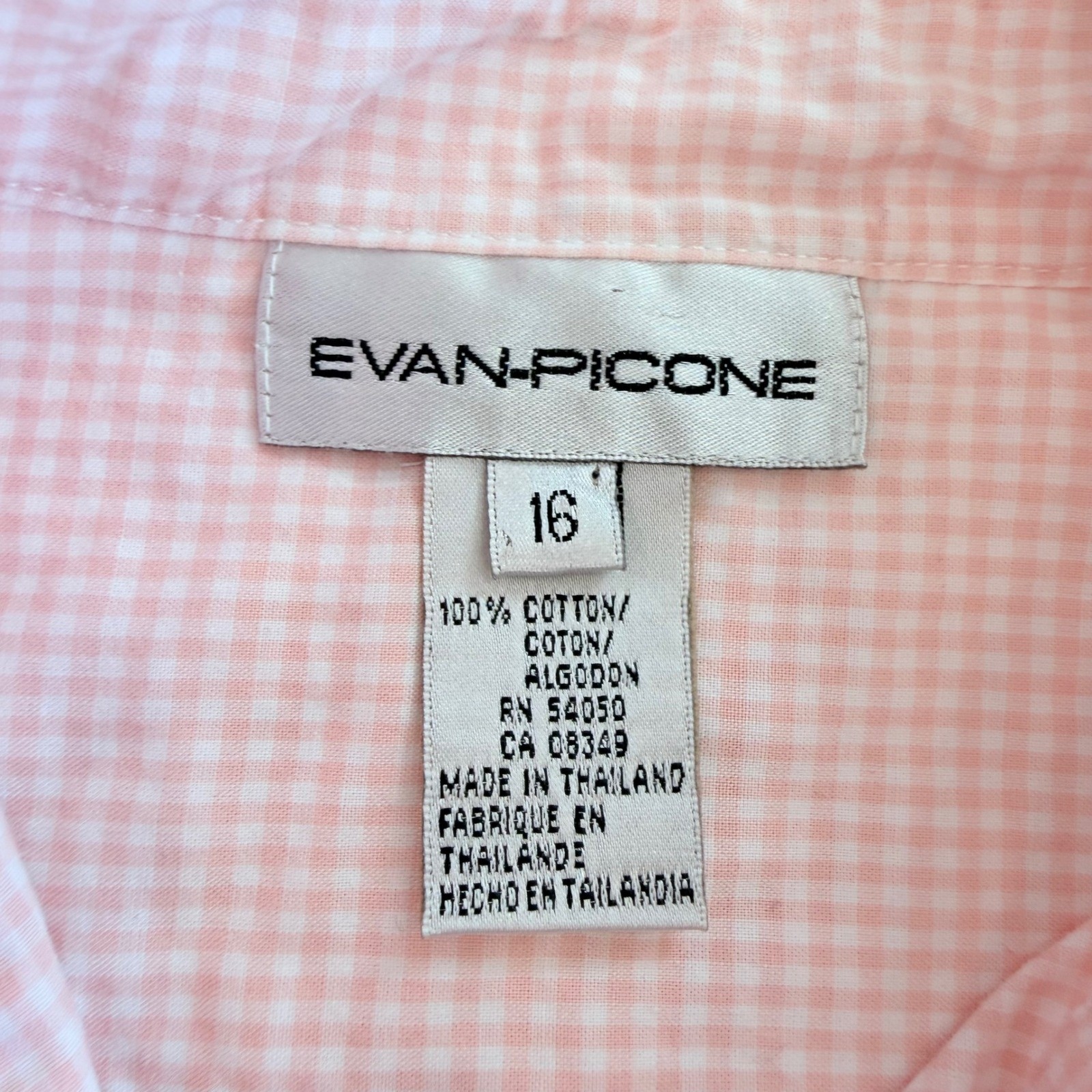 Evan-Picone Pink Gingham Button Down Shirt Womens 16 Long Sleeve Cotton Top