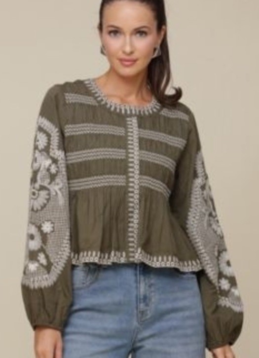Avec Les Filles Embroidered Peplum Blouse Jacket M Boho Festival Floral Olive