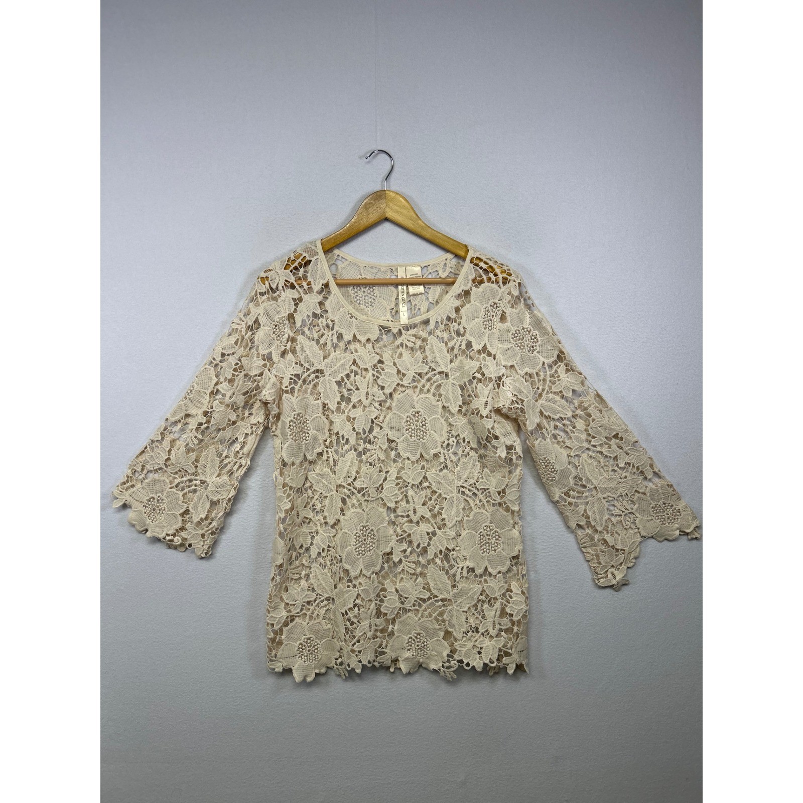 Boho Romantic Forgotten Grace Womens LG Cream Floral Lace Sheer Bell Sleeve Top