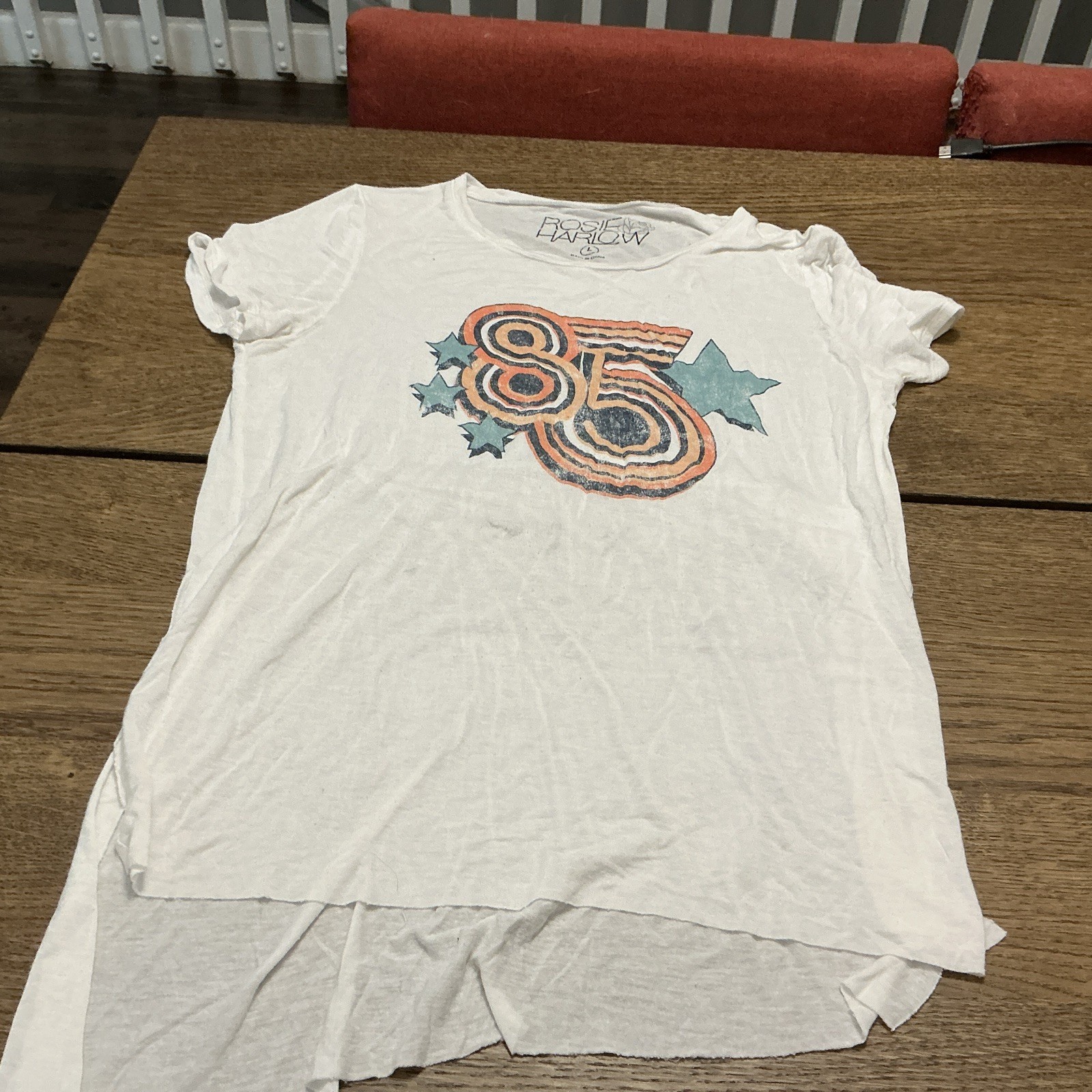 Women’s White Rosie Harlow 85 T-Shirt Destroyed – Size Large