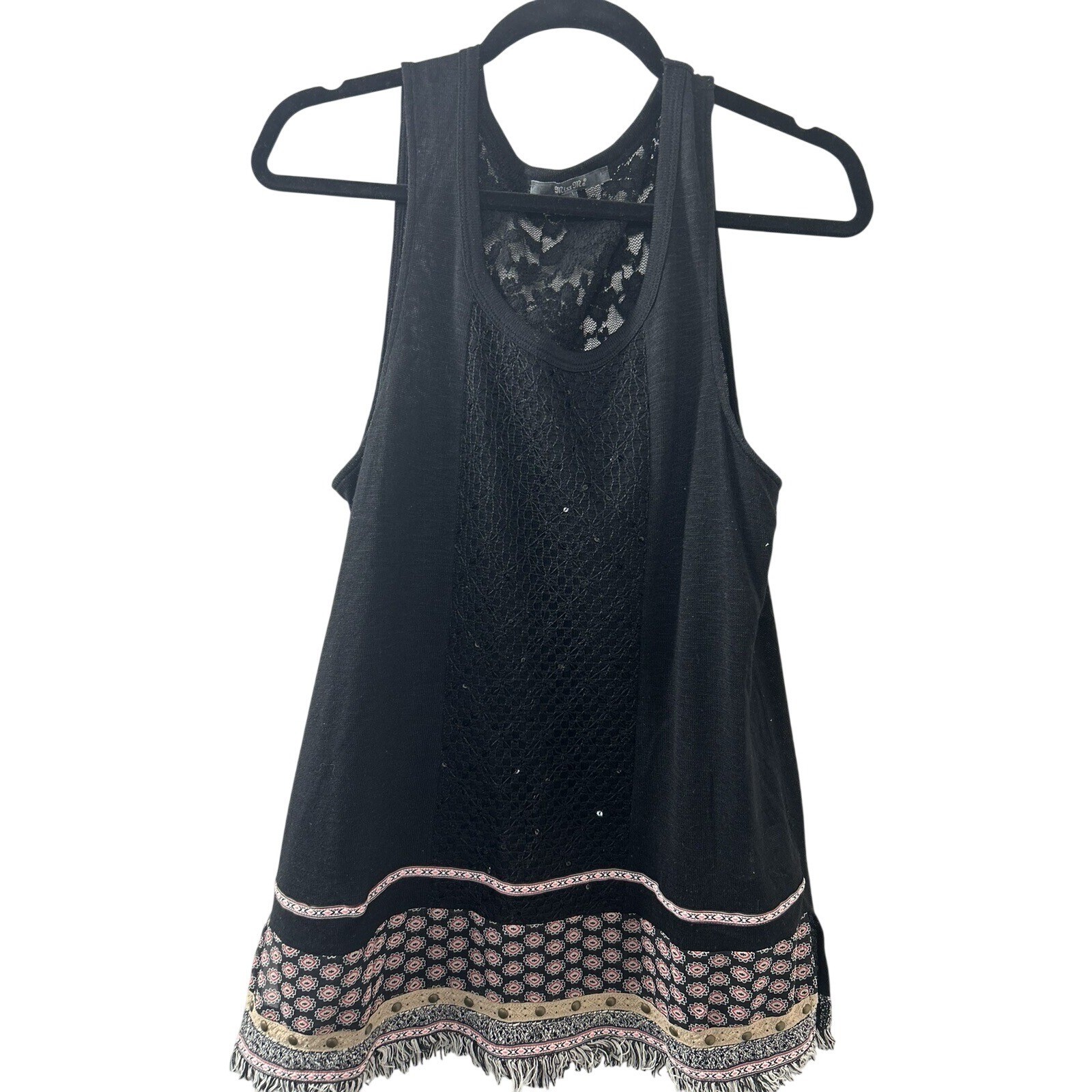 Miss Me Lace Fringe Tank Top L Black Sequin Studded Boho Western Festival Chic