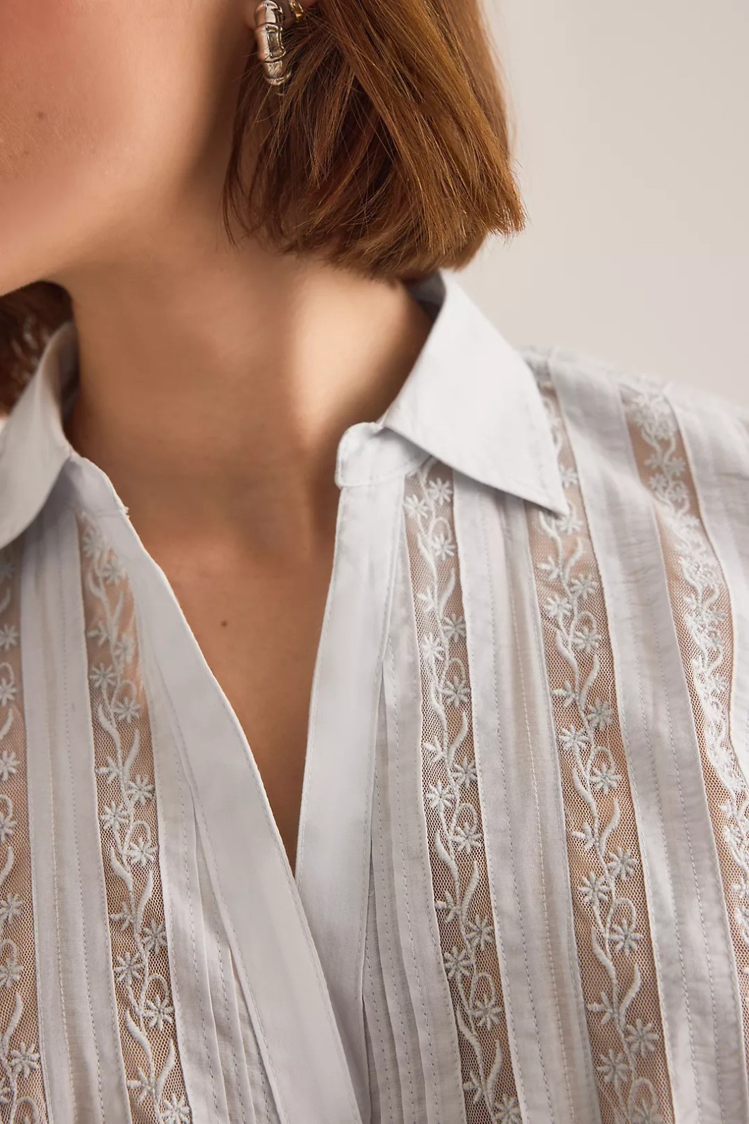 By Anthropologie Lace Inset Long-Sleeve Buttondown Top Light Blue Large NWT $138