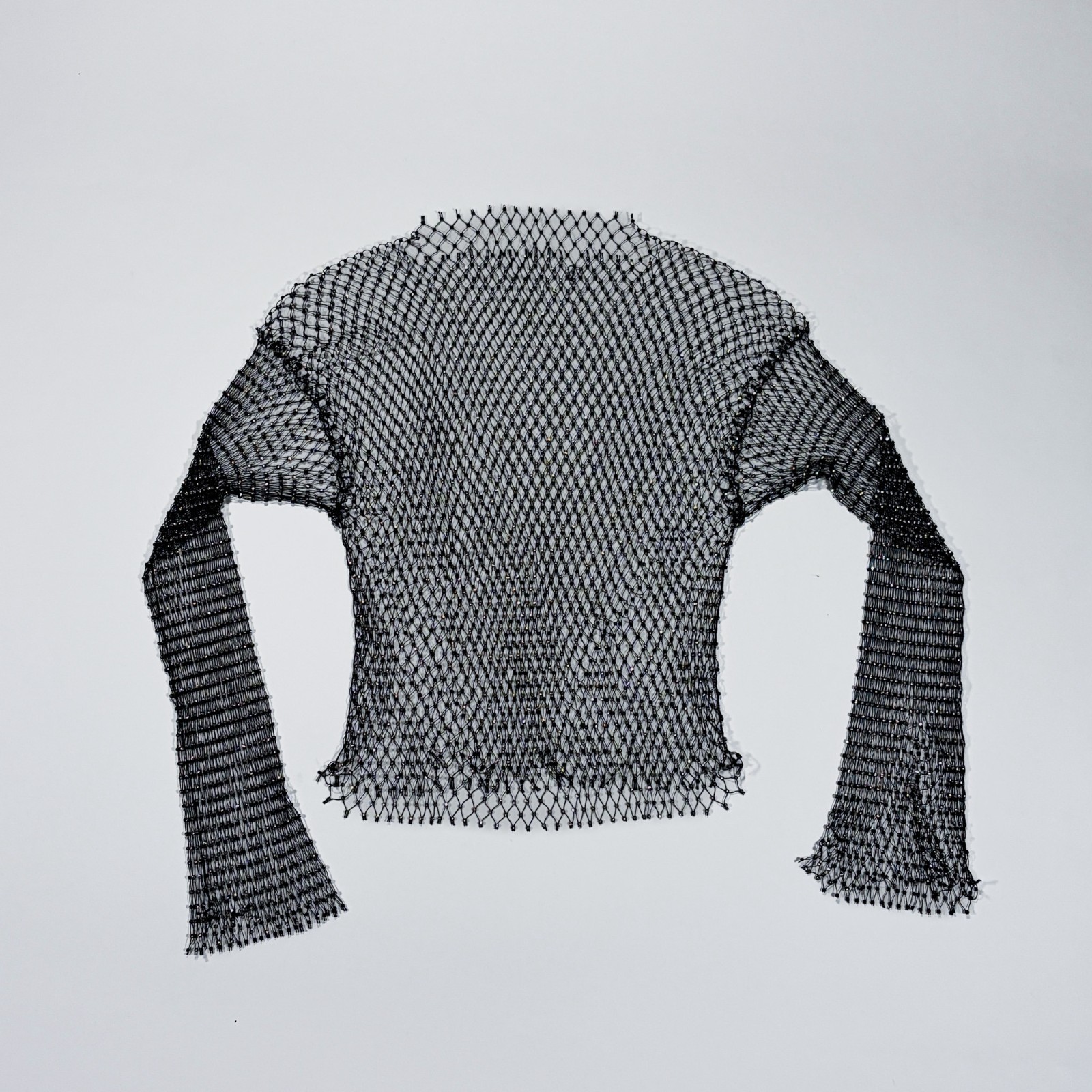 Shimmery Black Rhinestone Fish Net Mesh Sexy Clubwear Long Sleeve Crop