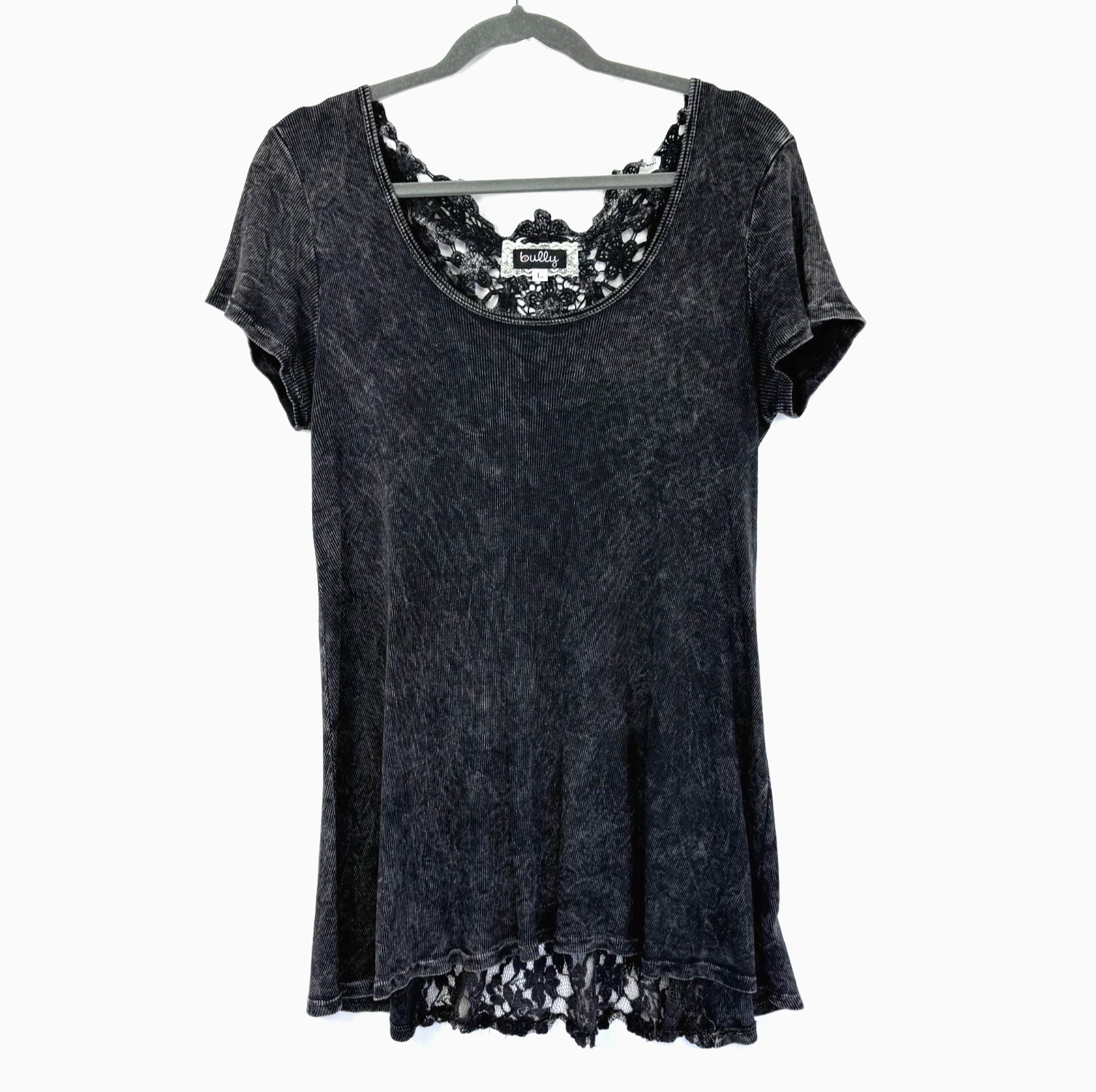 Bully Top Women’s Size L Black Mineral Wash Crochet Lace Back Grunge Goth Tunic