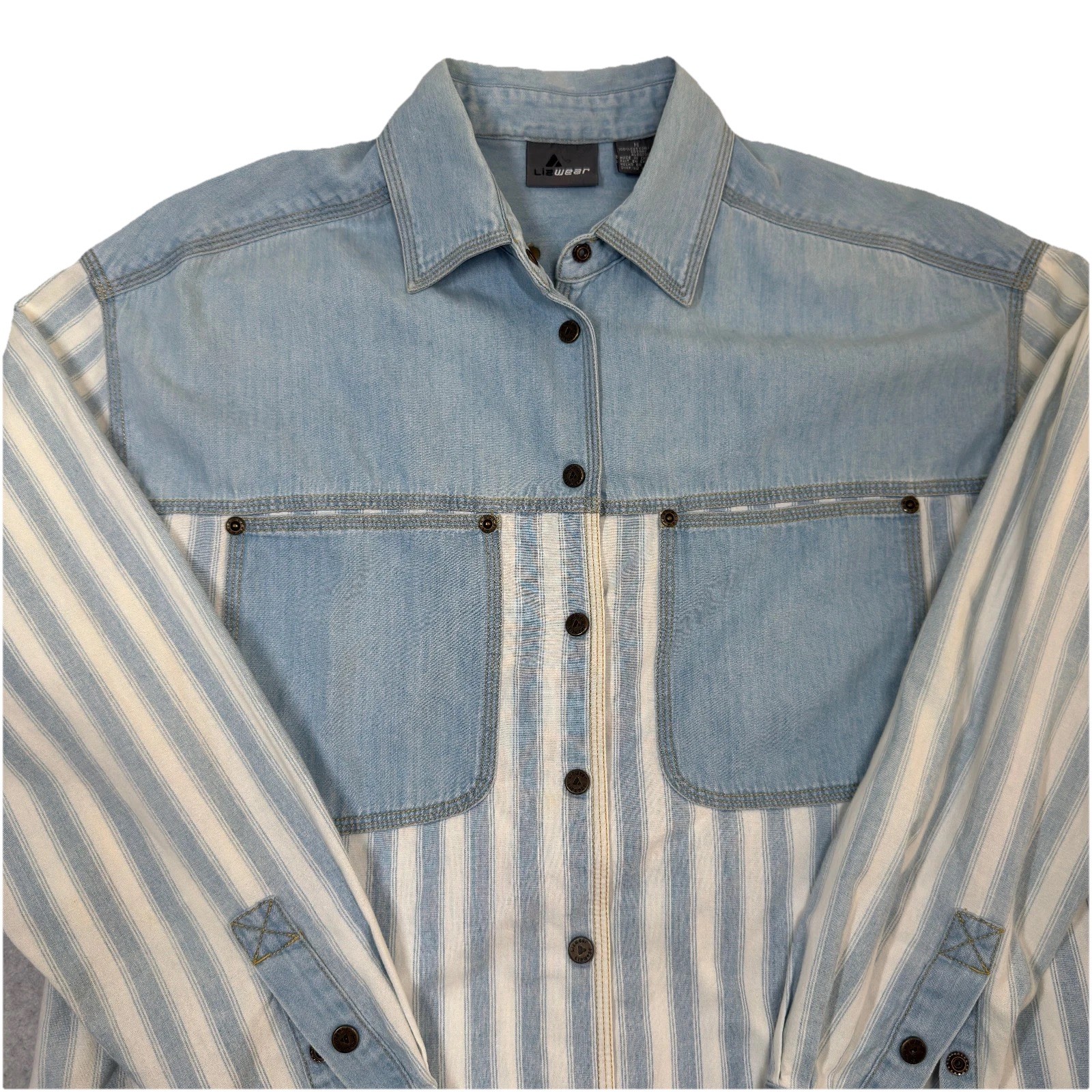 Liz Wear Denim Shirt Women’s Size M Striped Button Down Retro Western Classic
