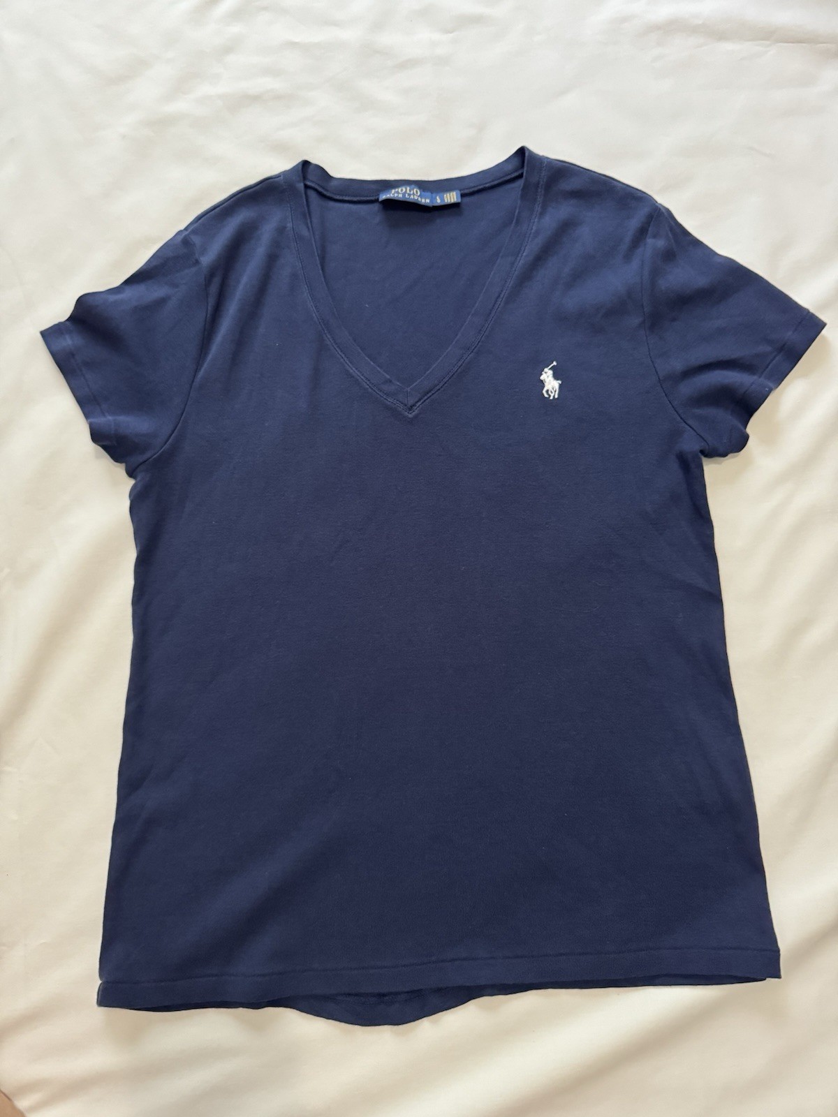 Polo Ralph Lauren V-Neck Short Sleeve Knit T-Shirt Logo Navy Women’s L