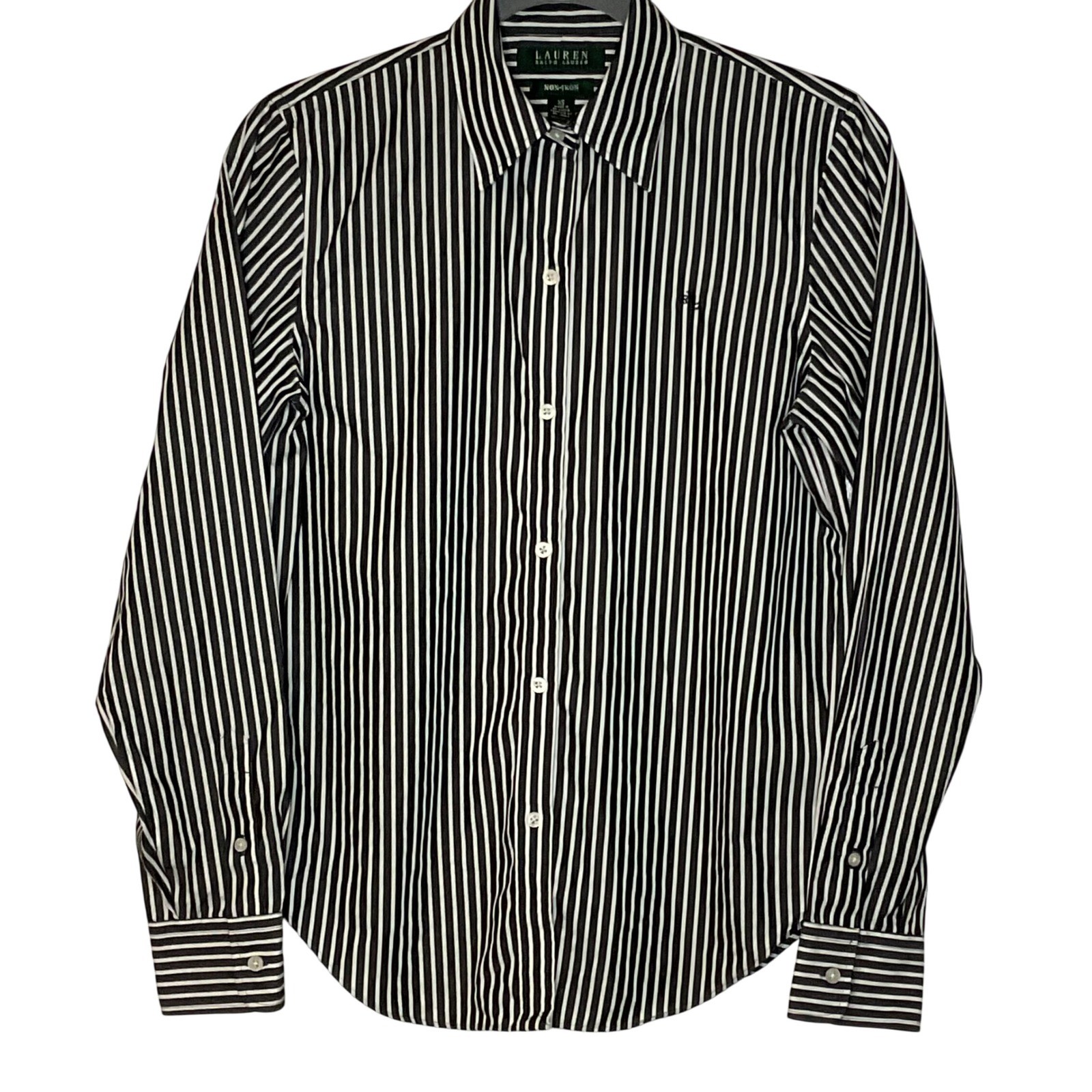 LAUREN RALPH LAUREN Womens Button blouse Oxford cotton striped gray white XS Y2K