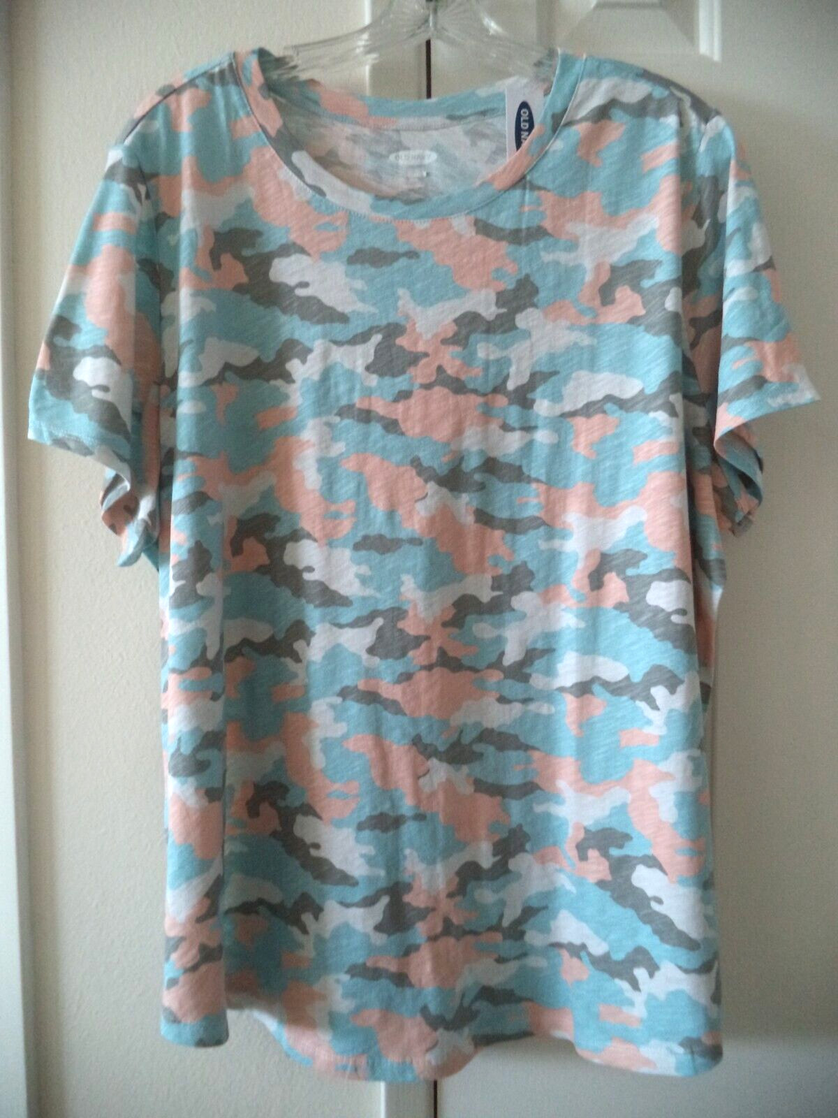 Old Navy Lt Teal Sky Blue Peach Grey Camouflage Curve Hem T-shirt M 8 10 Medium