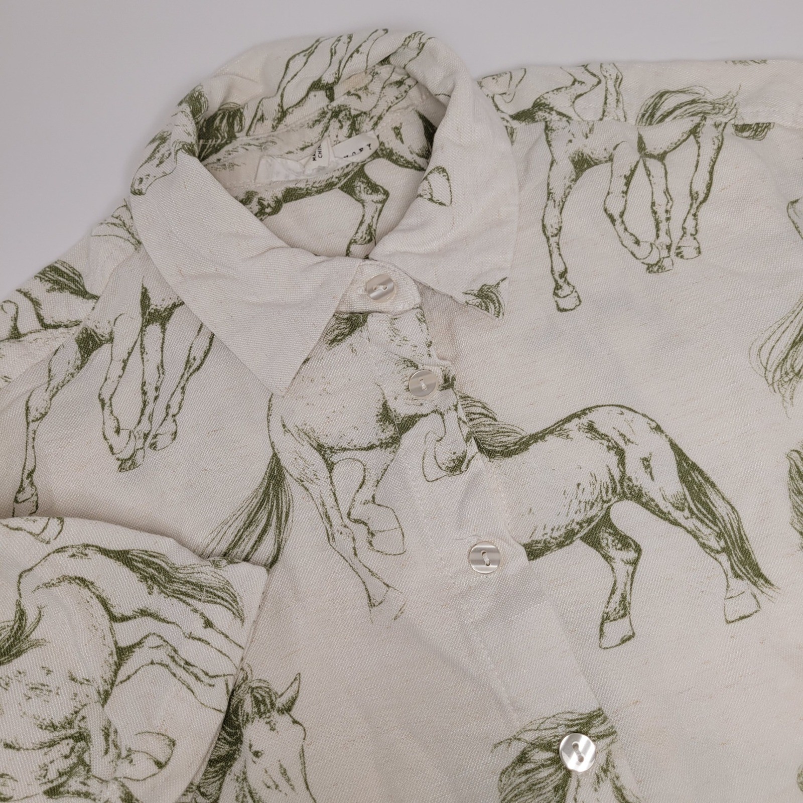 Jane + Delancey Button Up Shirt Womens Small Cream Green Horse Print Excellent