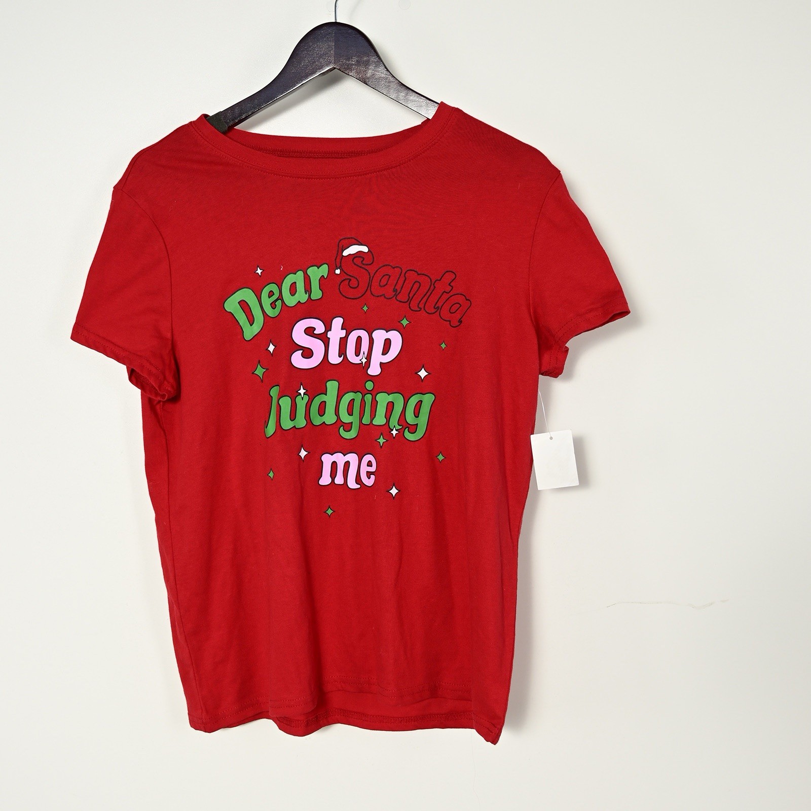 NWT Women’s L. Red Dear Santa Stop Judging Me Graphic Short Sleeve Knit T-Shirt