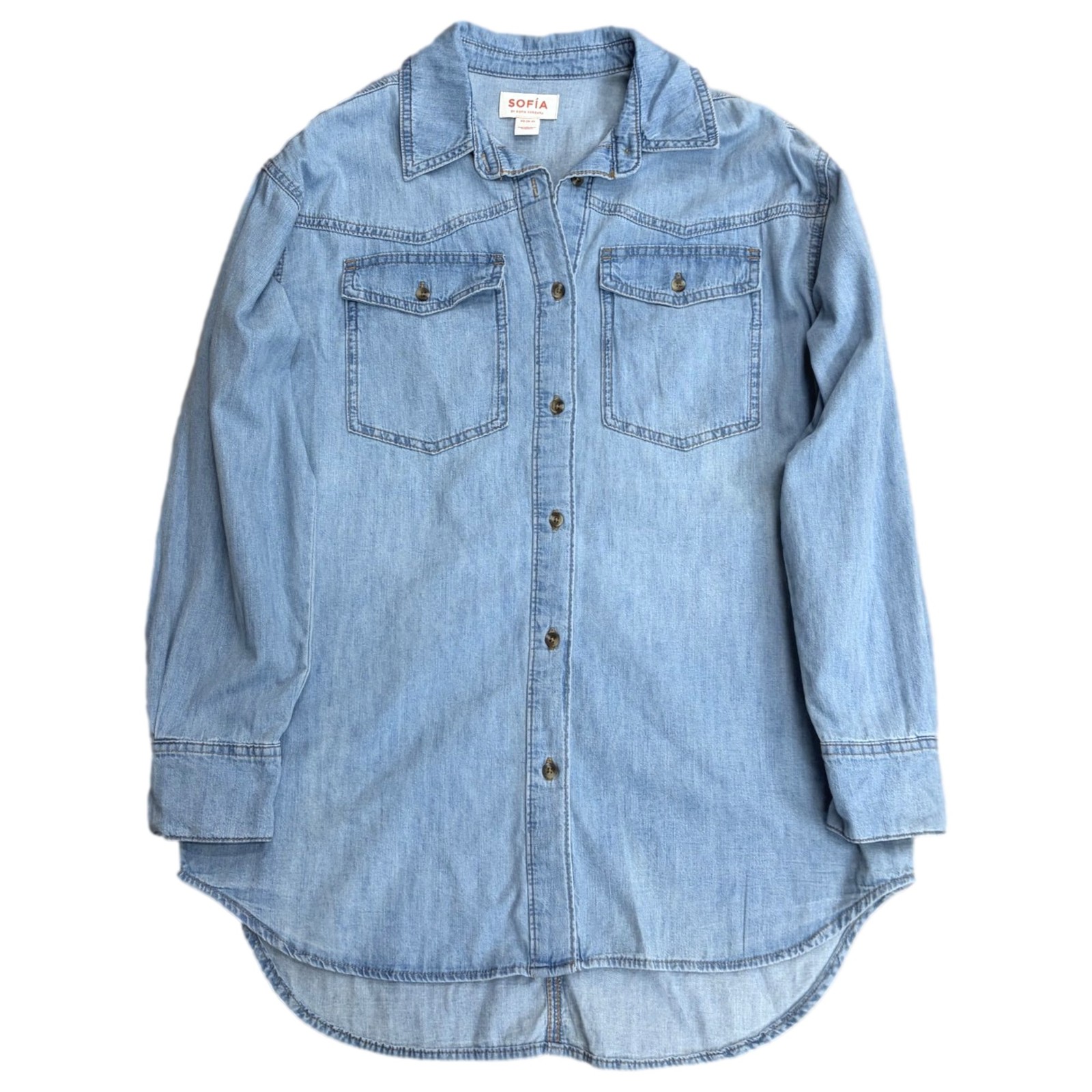 Sofia By Sofia Vergara Womens Long Light Blue Denim Button-Up Shirt