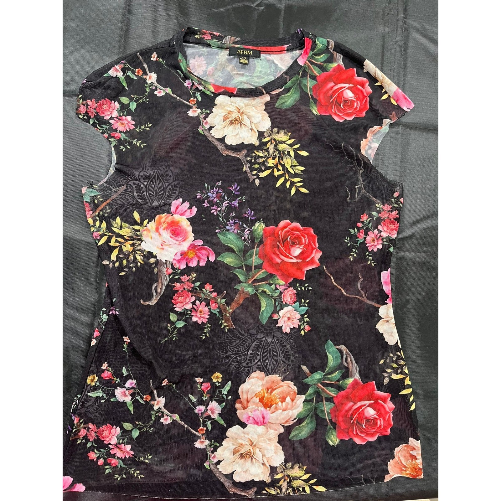 AFRM Zadie Black Floral Mesh Top Cap Sleeve Crew Neck Tee AT028802JL25 Large