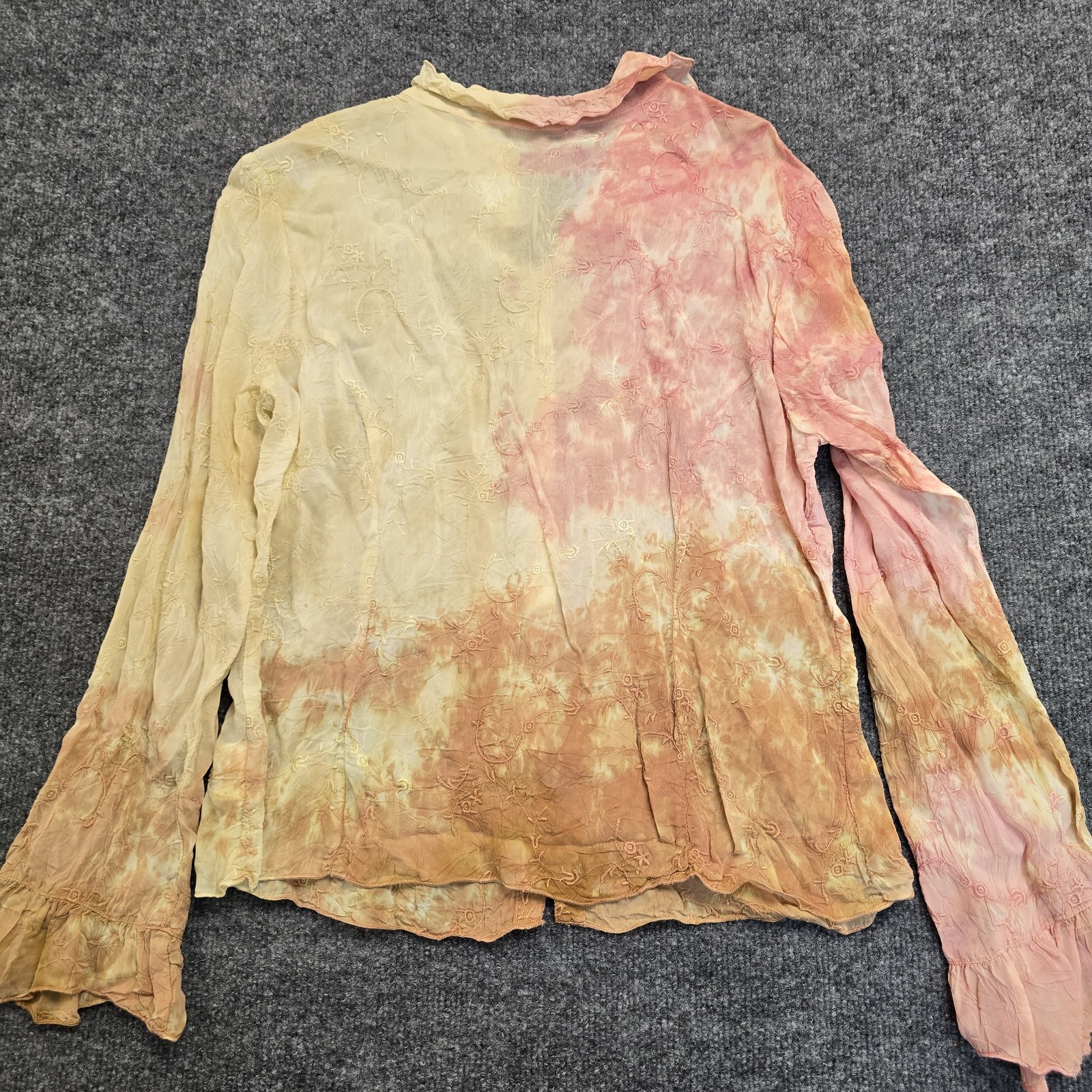 Vintage 90s Tie Dye Yellow Pink Floral Embroidered Button Down Size M Boho Fairy