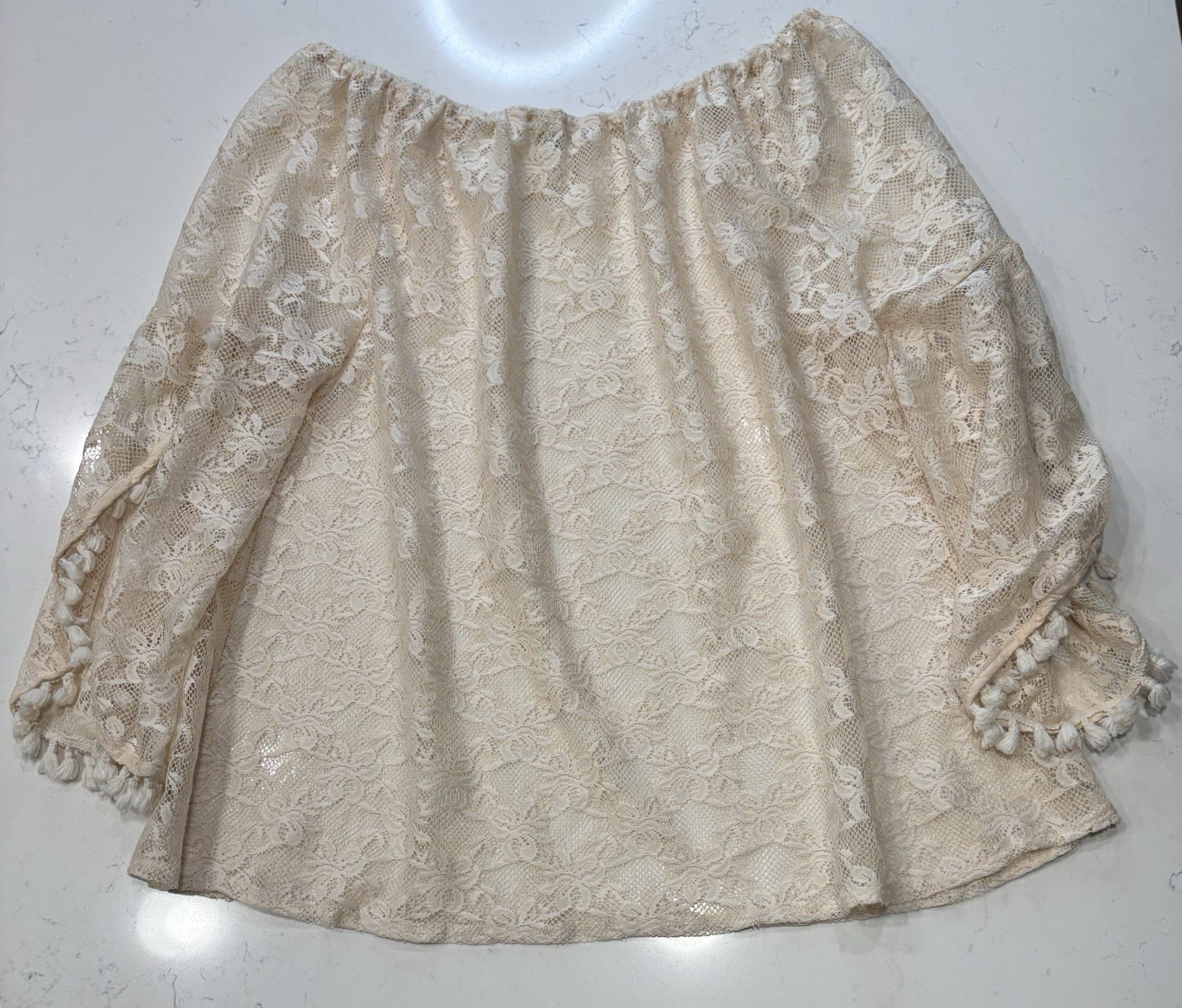 Kori America Lace Boho Peasant Top L Tassel Bell Sleeve Off Shoulder Cream