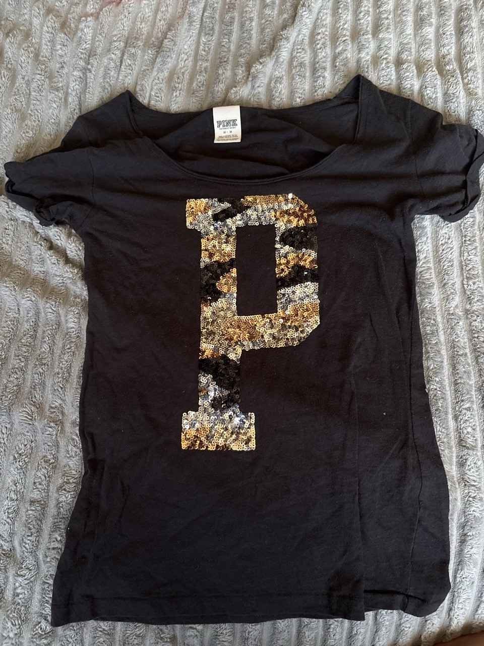 PINK Black shirt with silver and gold sequin.