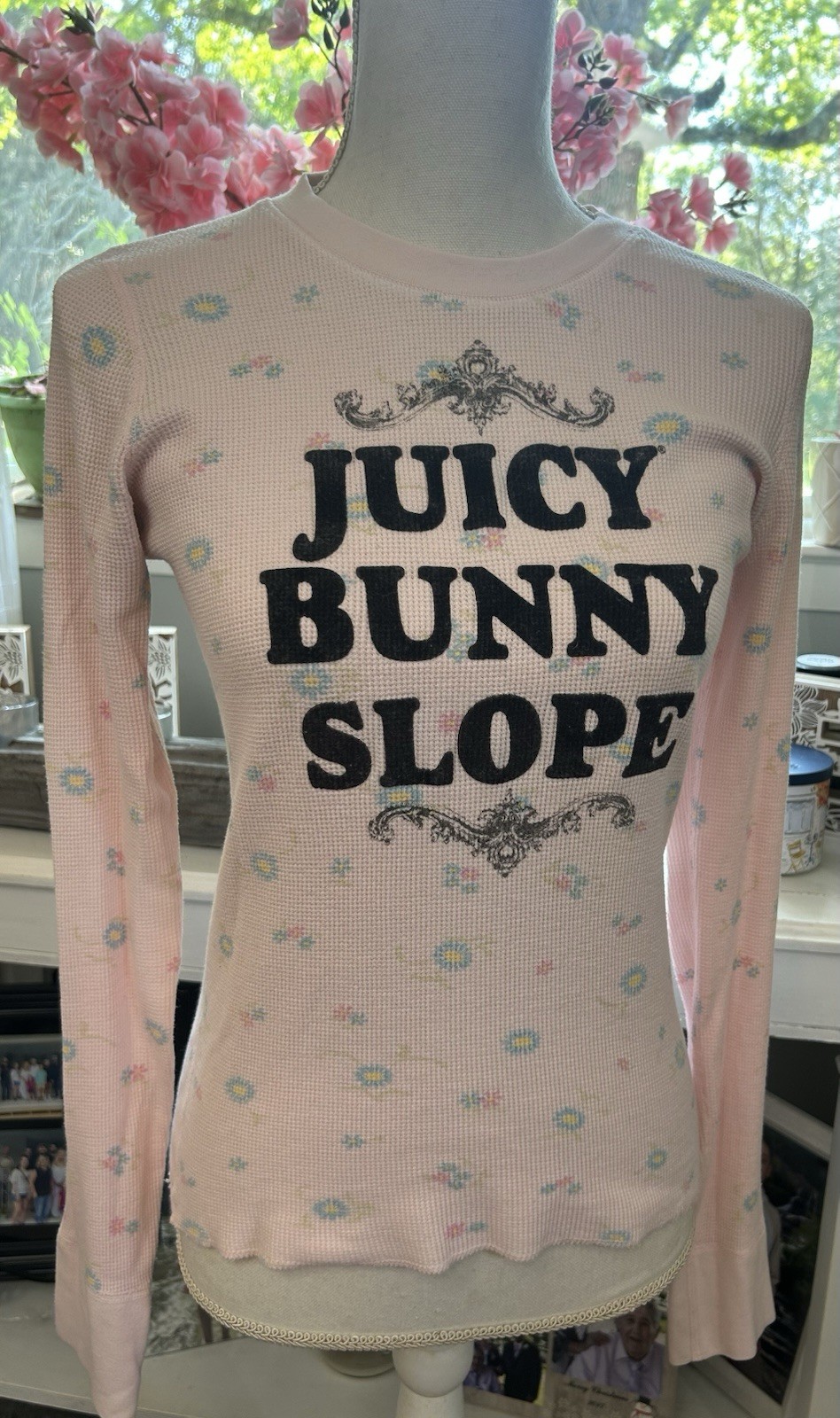 Vintage Juicy Couture Pink Floral Waffle Thermal Knit Top JUICY BUNNY SLOPE M