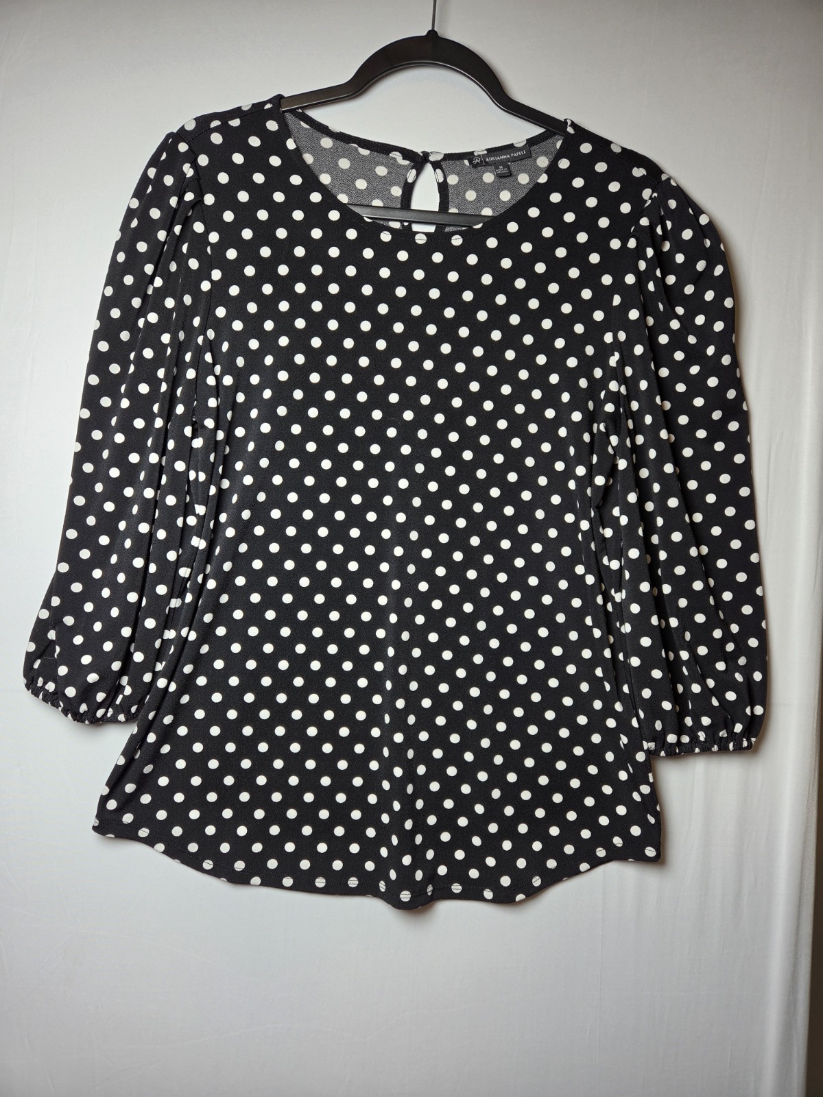 Adrianna Papell Polka Dot Blouse Black White Puff Sleeve Top Keyhole Size M