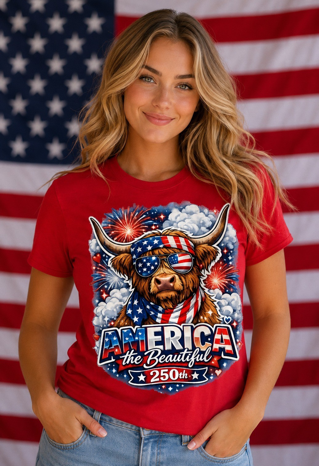 America 250th Highland Cow Fireworks USA Flag Patriotic Graphic T-Shirt