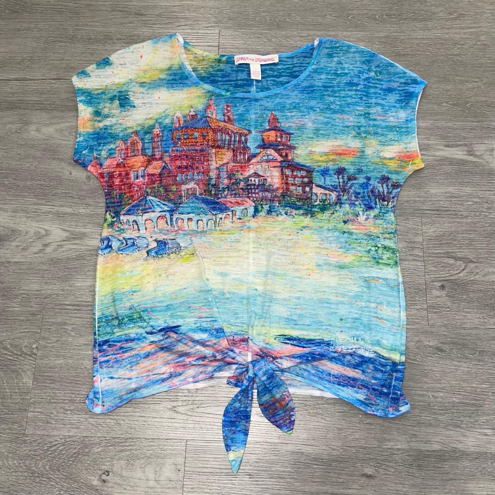 Leoma Lovegrove Womens Medium Multi Abstract Colorful Beach Wearable Art Top Tee