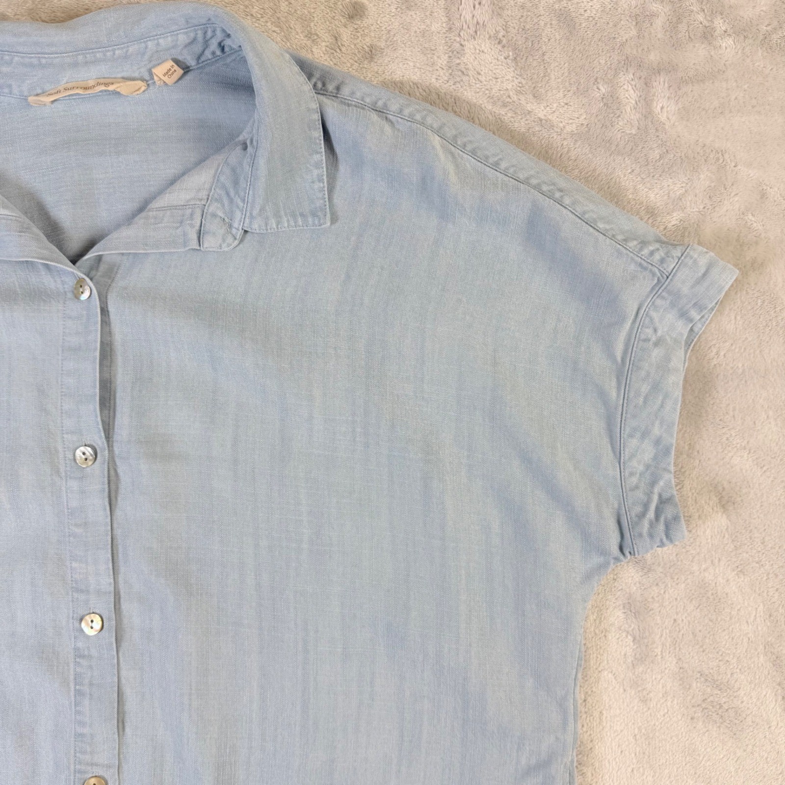Soft Surroundings Button Down Shirt Womens PS Blue Tencel Lyocell Short Sleeve