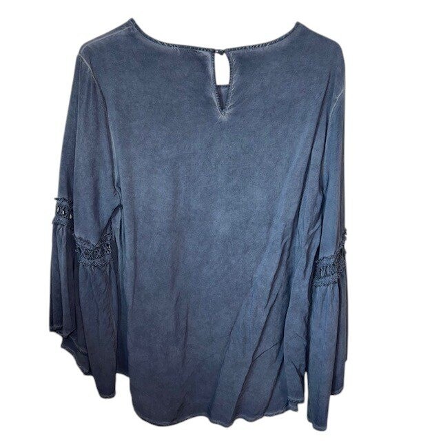 Spense Oil Wash Bell Sleeve Top Crochet Trim Long Sleeve Blouse Blue Size L