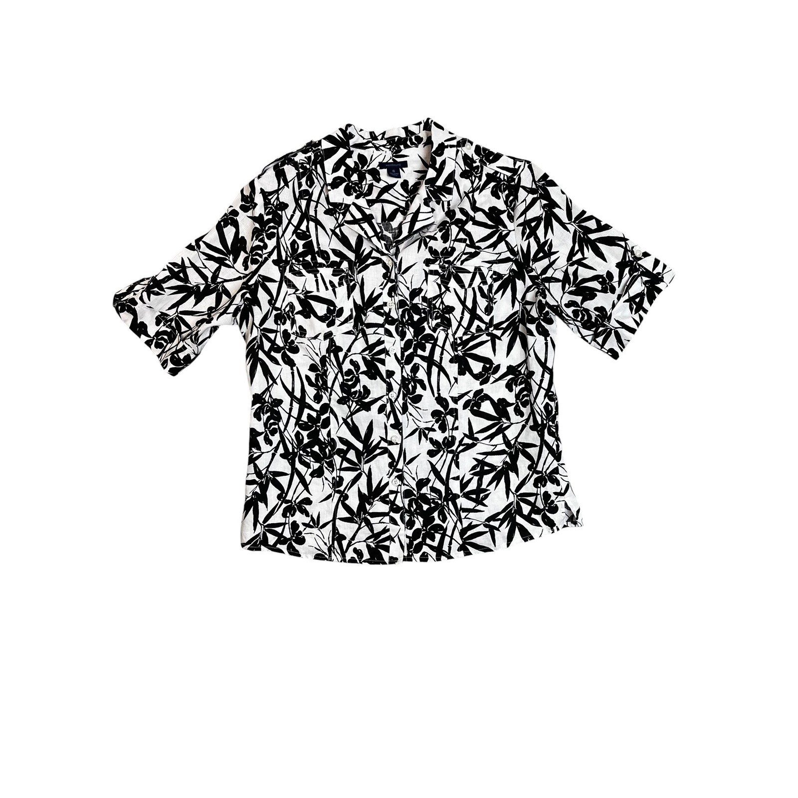 Westbound Womens 16 Linen Button Up Shirt Black White Floral Bamboo Camp Blouse