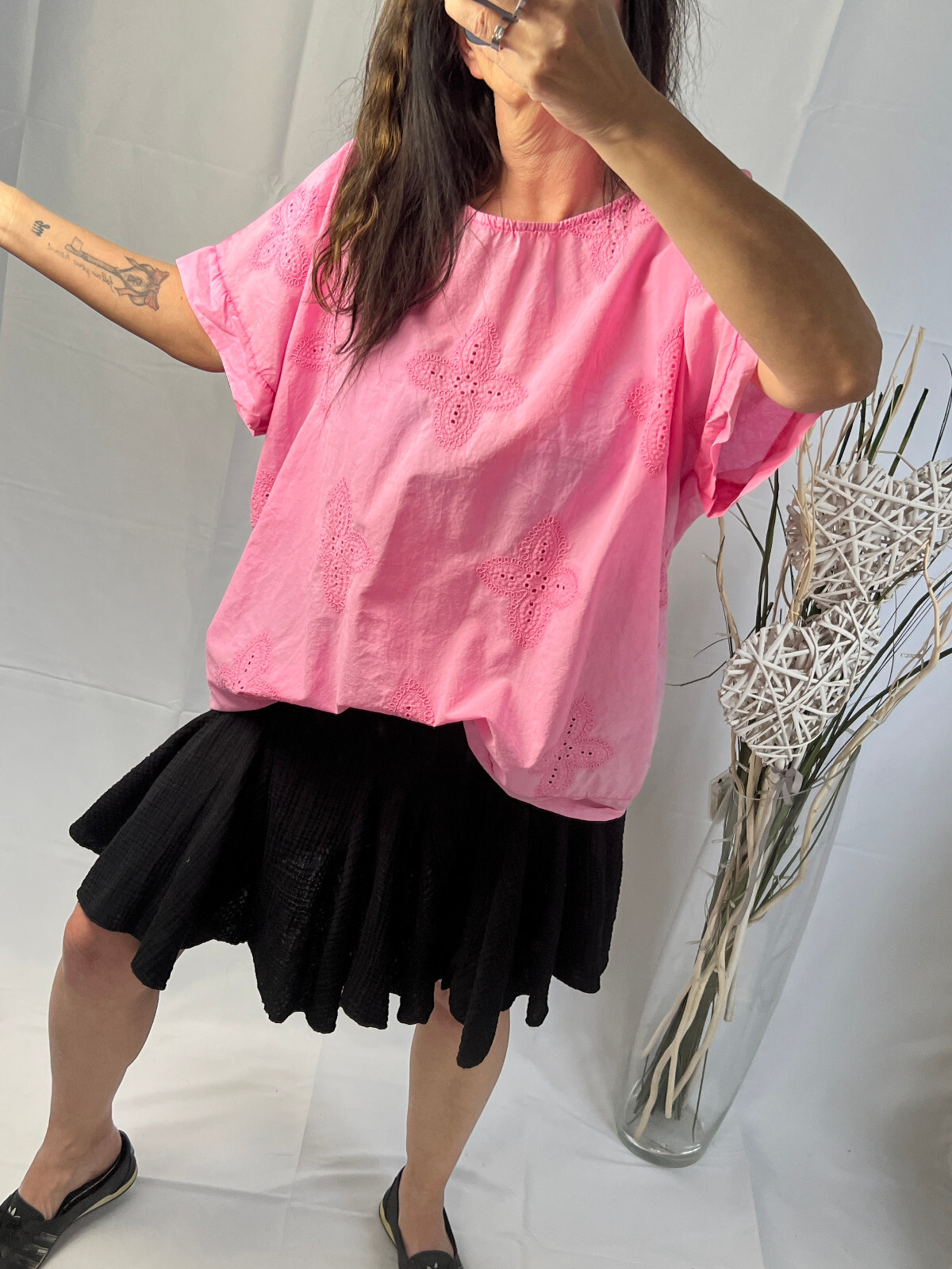 Italy new collection shirt blouse pink wash blogger size 38 40 42 44 eyelet embroidery