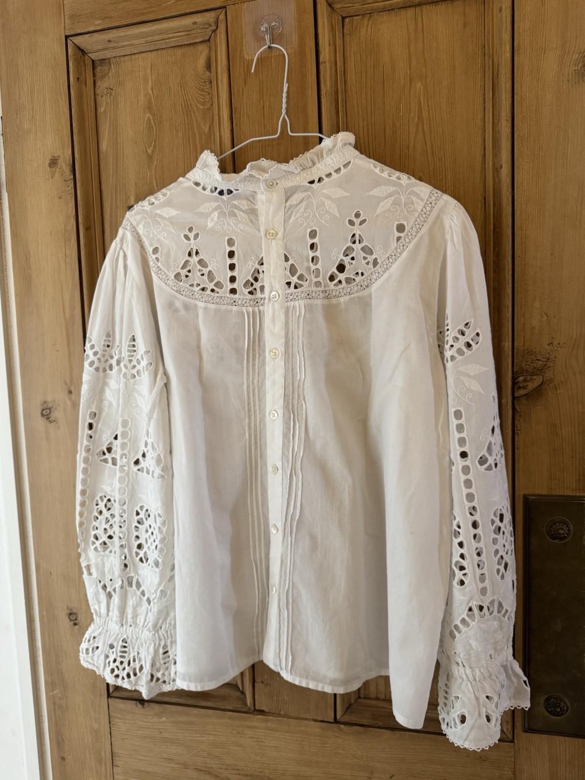 Brora Button Back Blouse- UK 16 -White Cotton Pintuck Pie Crust