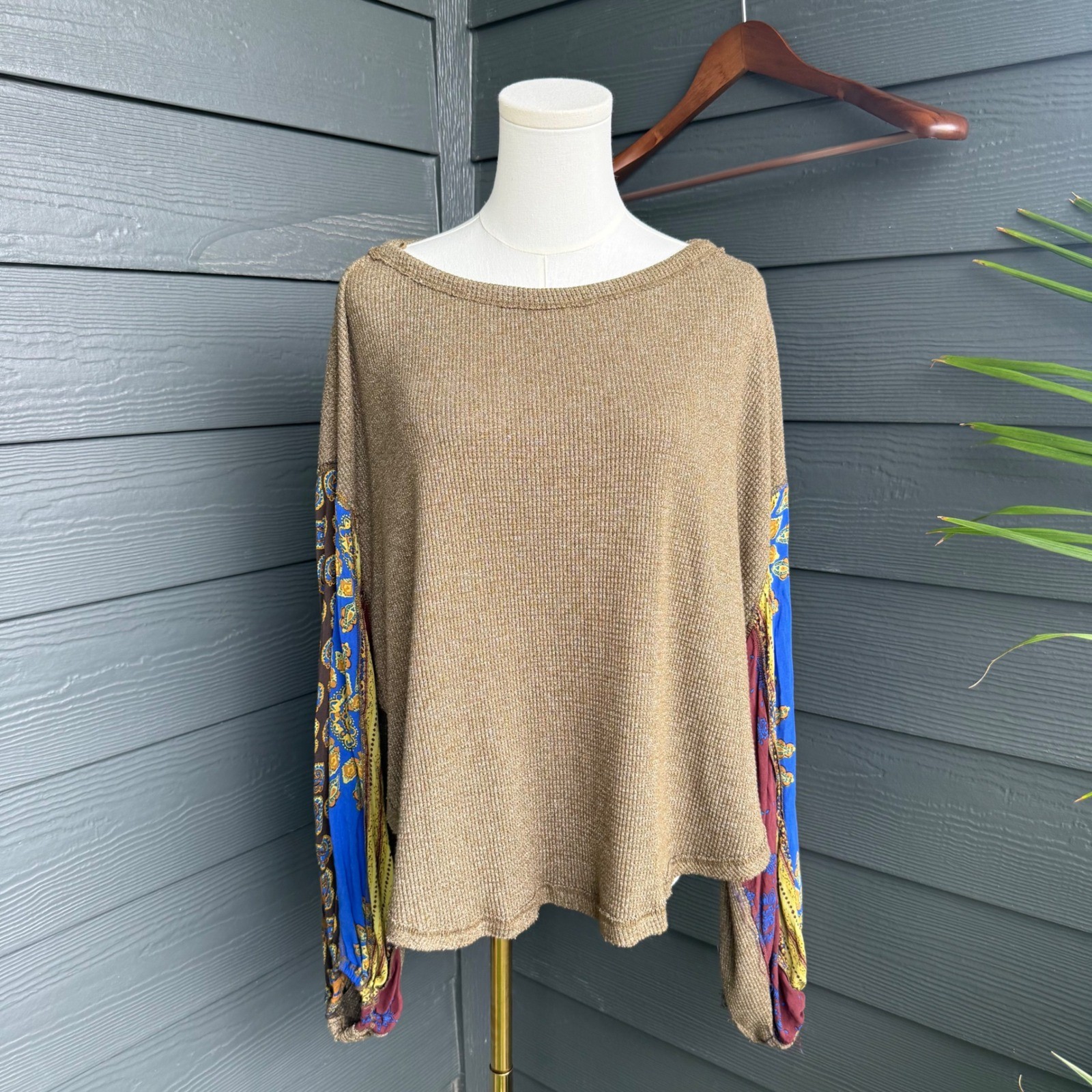 We The Free Brown Mixed Media Patchwork Sleeve Oversized Sweater Top Boho