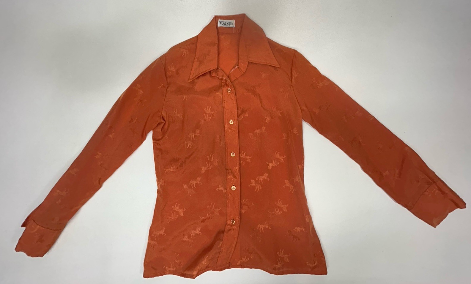 Vintage Plackets Sptswear Orange Long Sleeve Shirt Blouse With Horse Print